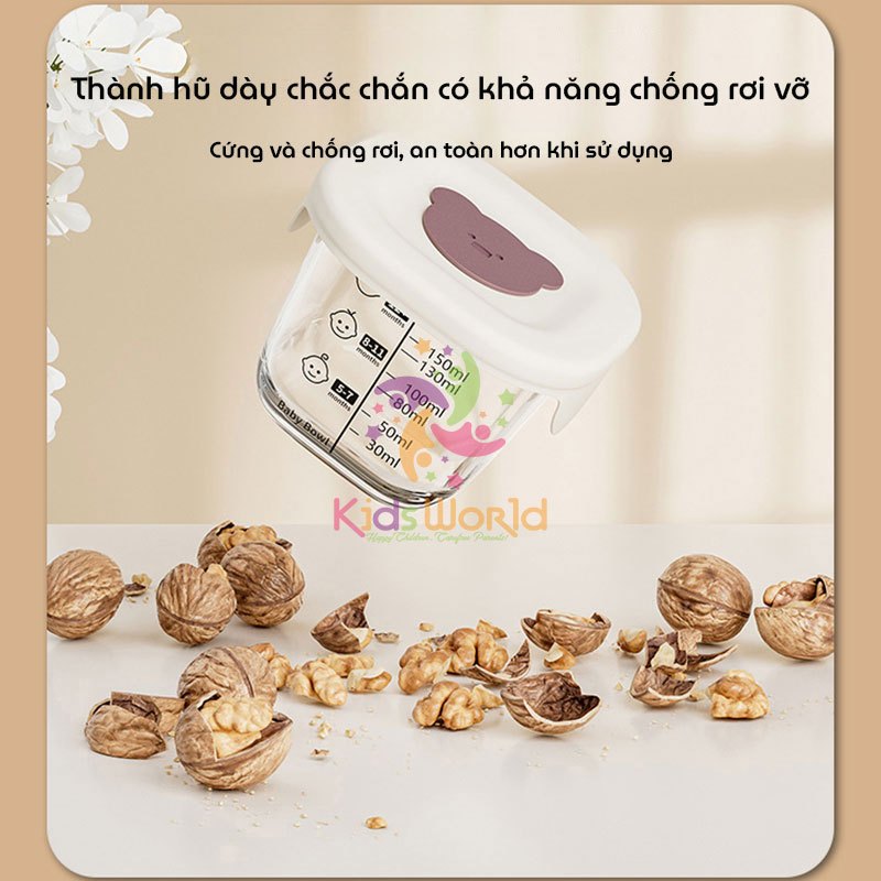 Hộp trữ đồ ăn dặm cho bé hình Gấu có vạch chia hộp trữ đông trữ thức ăn cho bé thủy tinh chịu lạnh, chịu nhiệt dung tích 180ml có thể chứa đến 240ml