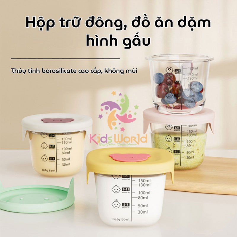 Hộp trữ đồ ăn dặm cho bé hình Gấu có vạch chia hộp trữ đông trữ thức ăn cho bé thủy tinh chịu lạnh, chịu nhiệt dung tích 180ml có thể chứa đến 240ml