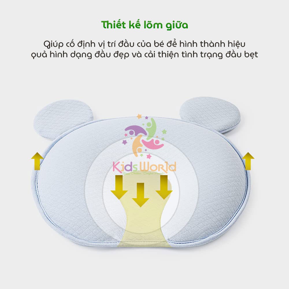 Gối cao su non chống bẹp đầu, méo đầu, định hình đầu hình tai gấu KidsWorld cho bé từ 0-12 tháng tuổi, mềm mịn, thoáng khí an toàn cho bé