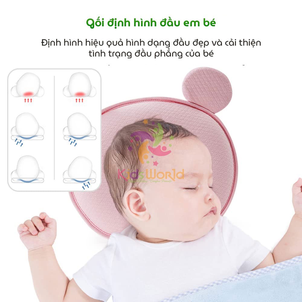 Gối cao su non chống bẹp đầu, méo đầu, định hình đầu hình tai gấu KidsWorld cho bé từ 0-12 tháng tuổi, mềm mịn, thoáng khí an toàn cho bé