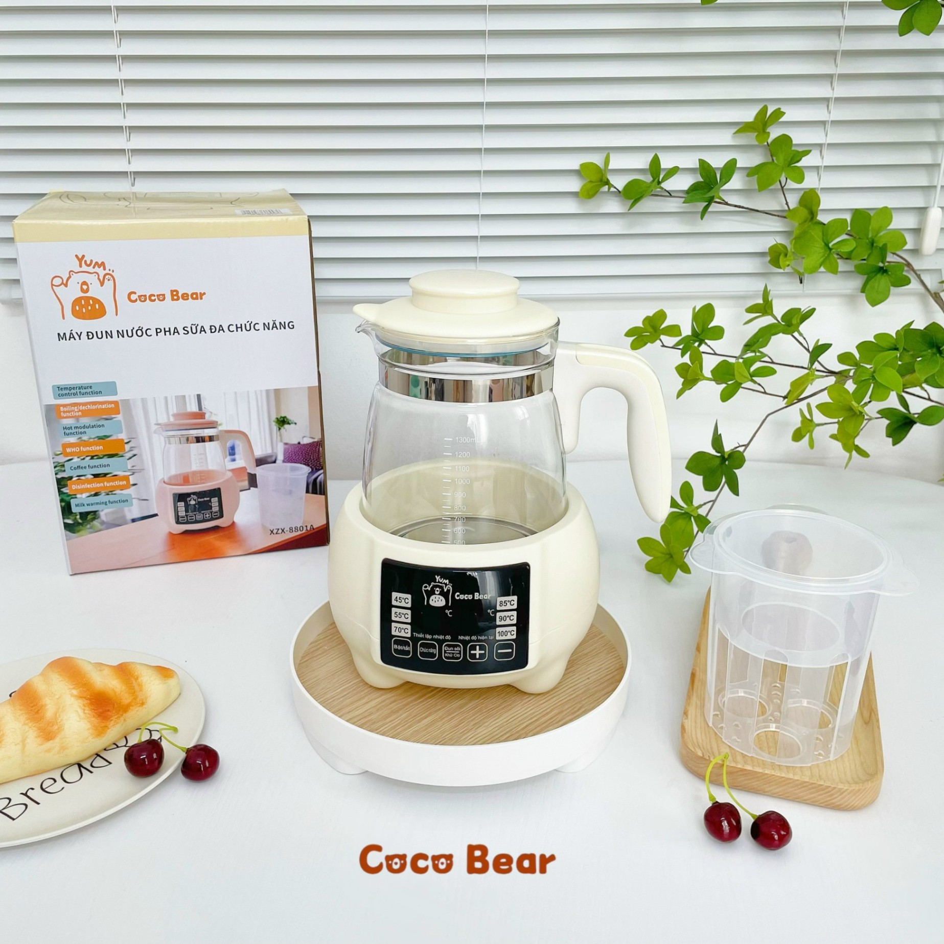 Máy đun nước pha sữa, ấm đun nước pha sữa, bình đun nước Coco Bear hâm sữa cho bé khử clo, giữ nhiệt 24 giờ tặng khay hâm sữa