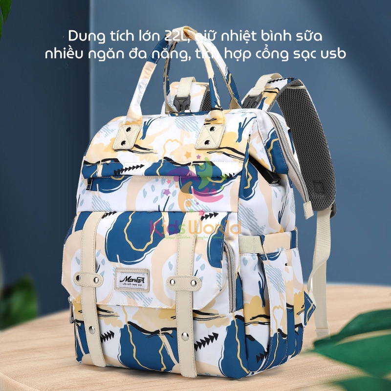 Balo bỉm sữa đựng đồ cho mẹ bé Monesa Mommy Bag giữ nhiệt bình sữa, tích hợp cổng sạc USB, nhiều ngăn đa năng, chống thấm nước