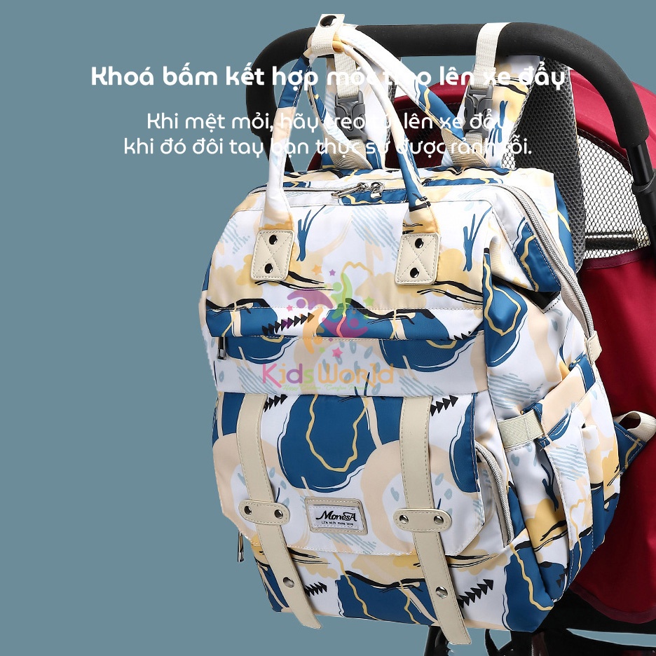 Balo bỉm sữa đựng đồ cho mẹ bé Monesa Mommy Bag giữ nhiệt bình sữa, tích hợp cổng sạc USB, nhiều ngăn đa năng, chống thấm nước