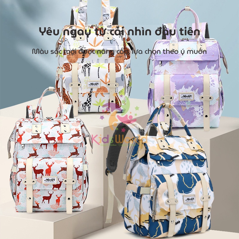 Balo bỉm sữa đựng đồ cho mẹ bé Monesa Mommy Bag giữ nhiệt bình sữa, tích hợp cổng sạc USB, nhiều ngăn đa năng, chống thấm nước