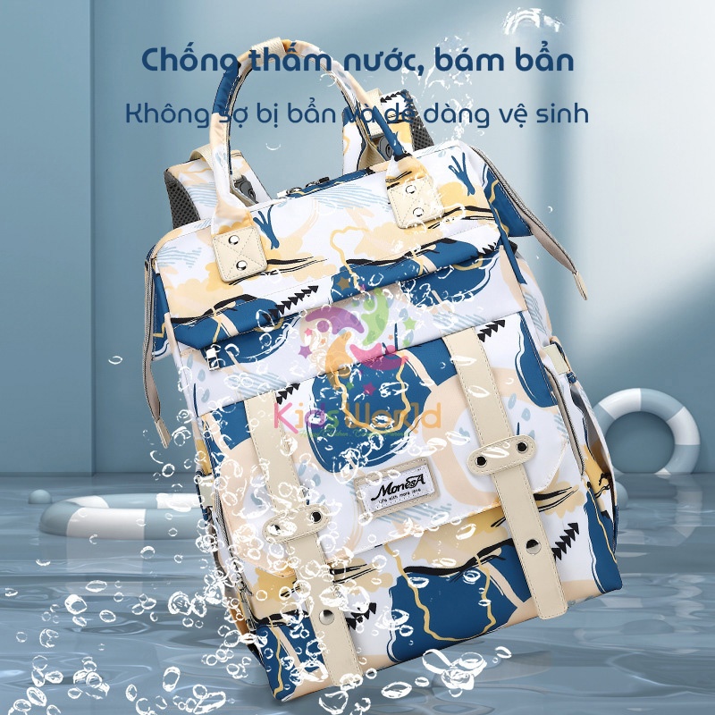 Balo bỉm sữa đựng đồ cho mẹ bé Monesa Mommy Bag giữ nhiệt bình sữa, tích hợp cổng sạc USB, nhiều ngăn đa năng, chống thấm nước