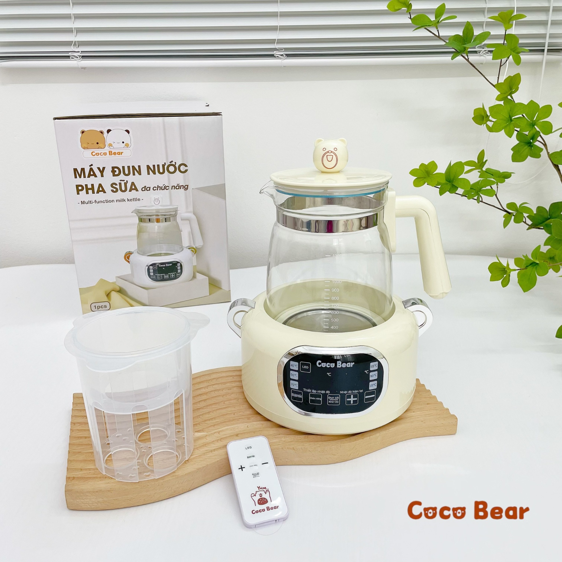 Máy đun nước pha sữa cho bé Coco Bear có remote điều khiển từ xa, giữ nhiệt đến 72 giờ, dung tích 1300ml, khử clo, tích hợp đèn led sử dụng ban đêm