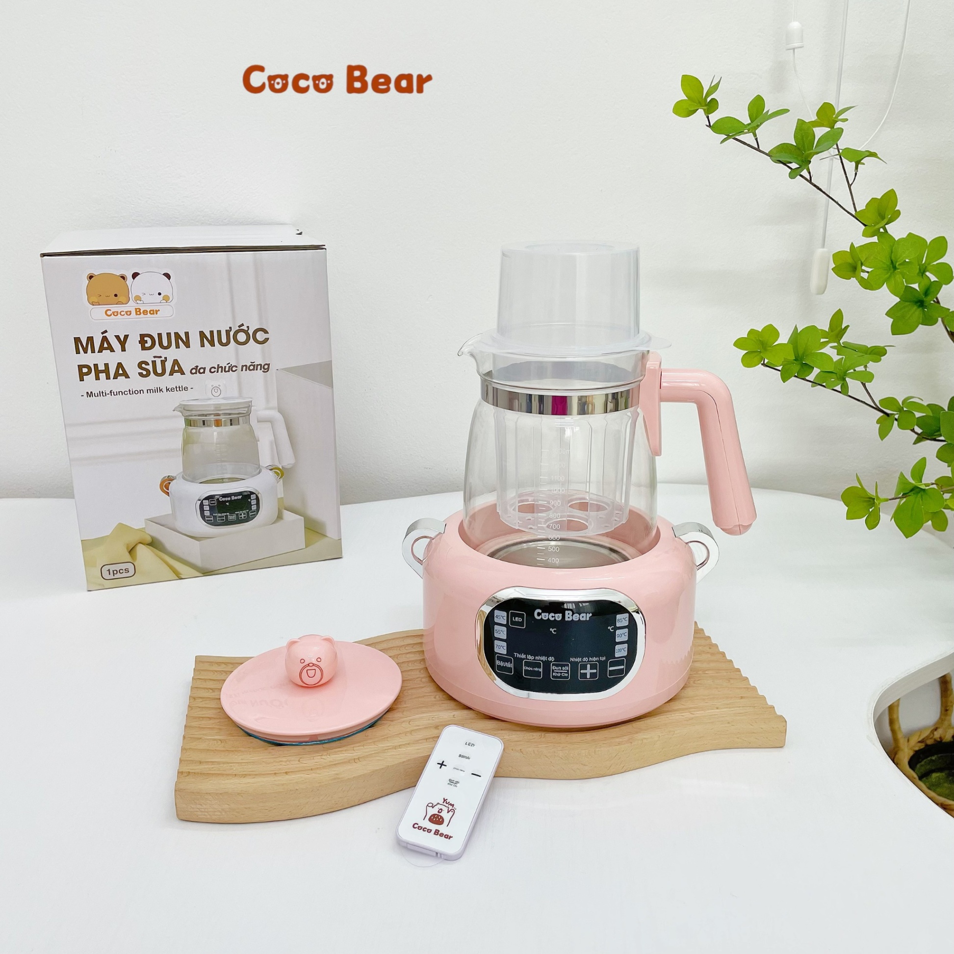 Máy đun nước pha sữa cho bé Coco Bear có remote điều khiển từ xa, giữ nhiệt đến 72 giờ, dung tích 1300ml, khử clo, tích hợp đèn led sử dụng ban đêm