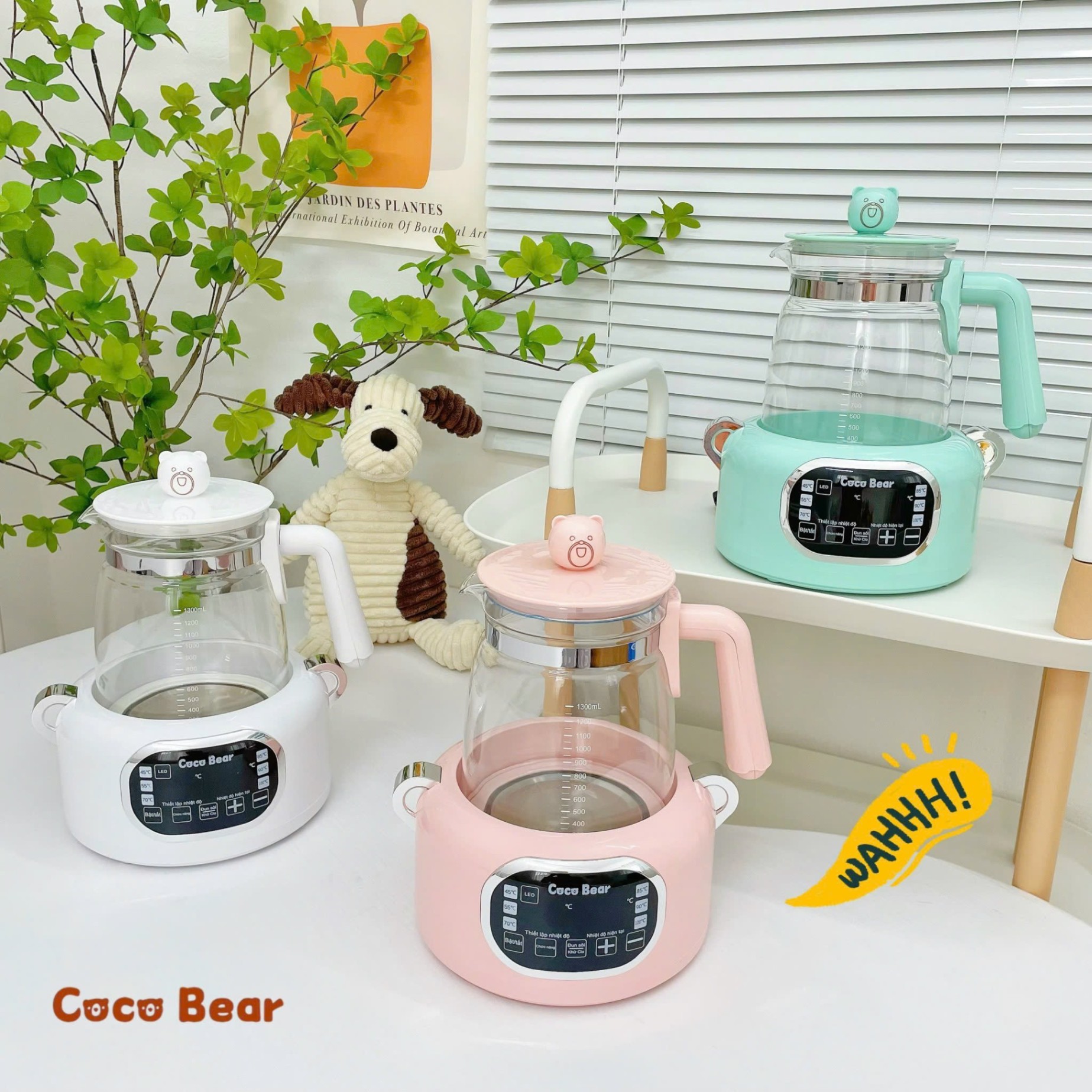 Máy đun nước pha sữa cho bé Coco Bear có remote điều khiển từ xa, giữ nhiệt đến 72 giờ, dung tích 1300ml, khử clo, tích hợp đèn led sử dụng ban đêm