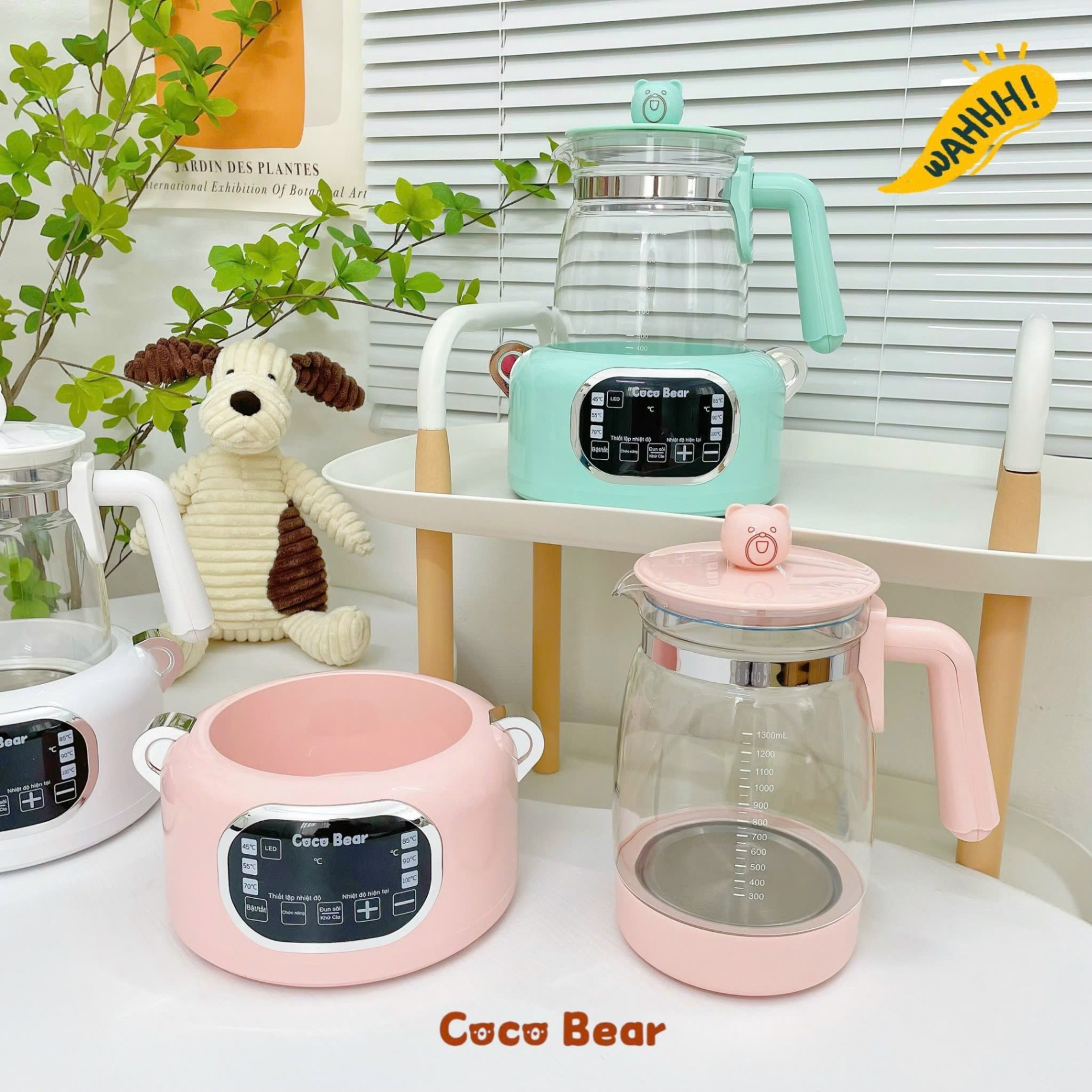 Máy đun nước pha sữa cho bé Coco Bear có remote điều khiển từ xa, giữ nhiệt đến 72 giờ, dung tích 1300ml, khử clo, tích hợp đèn led sử dụng ban đêm