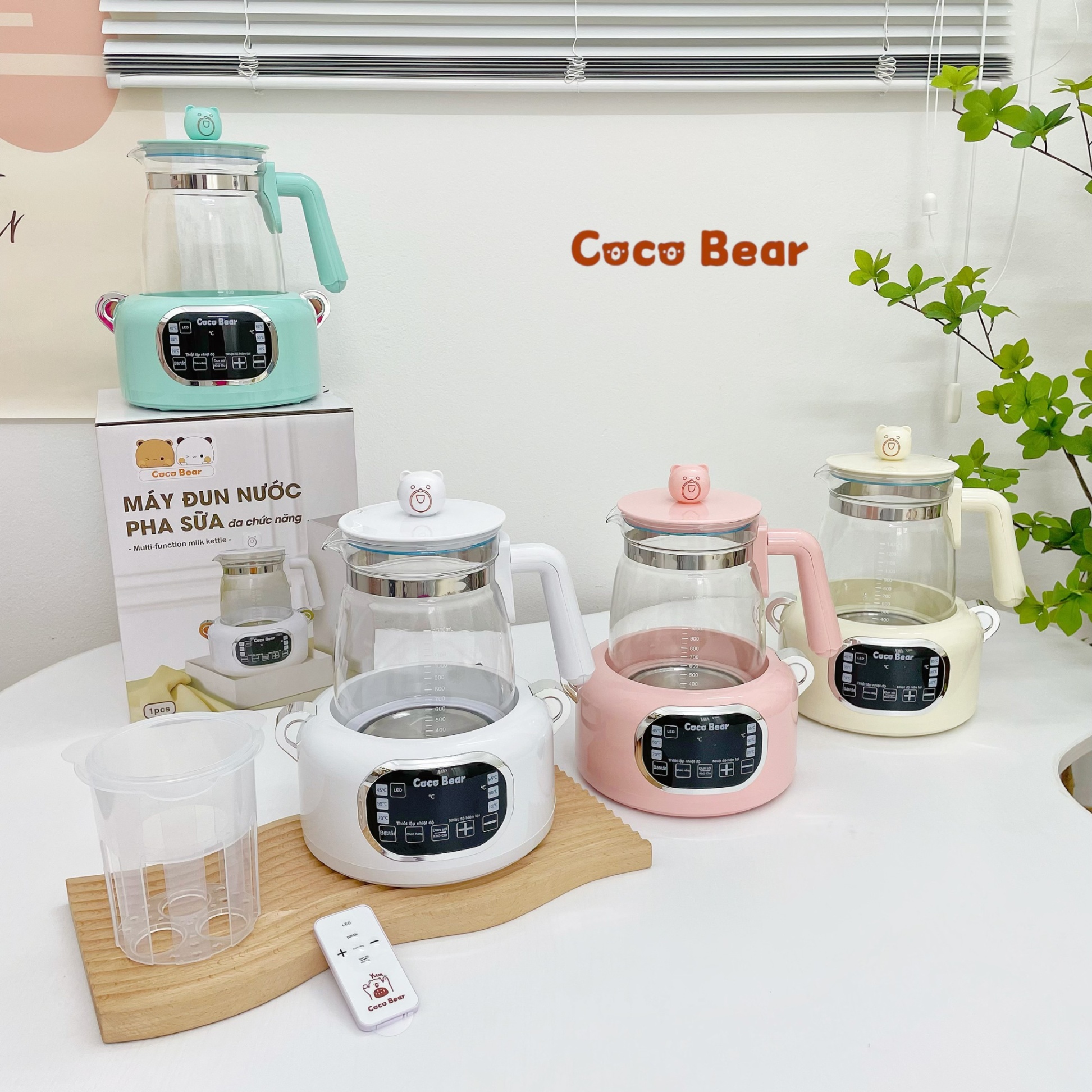 Máy đun nước pha sữa cho bé Coco Bear có remote điều khiển từ xa, giữ nhiệt đến 72 giờ, dung tích 1300ml, khử clo, tích hợp đèn led sử dụng ban đêm