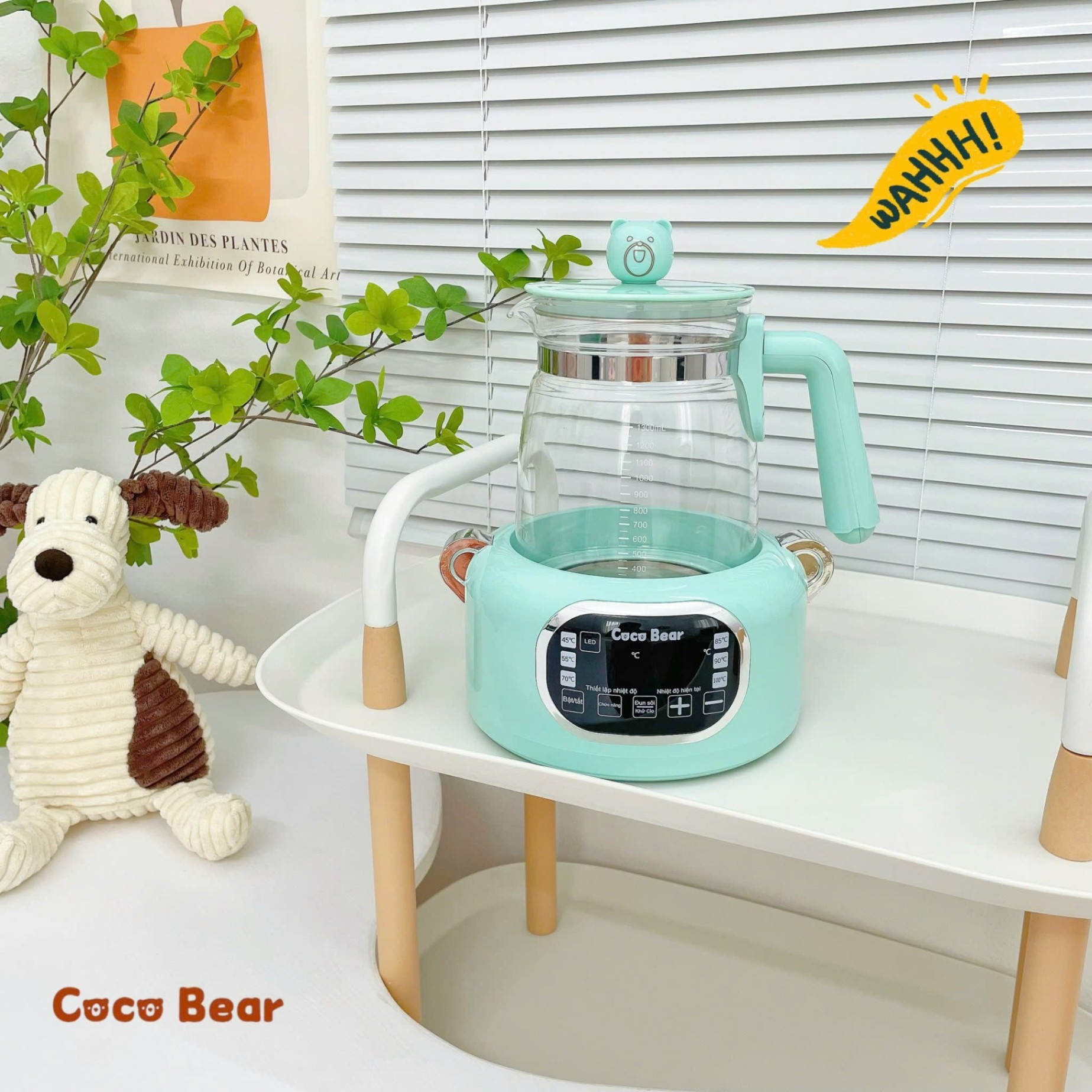 Máy đun nước pha sữa cho bé Coco Bear có remote điều khiển từ xa, giữ nhiệt đến 72 giờ, dung tích 1300ml, khử clo, tích hợp đèn led sử dụng ban đêm