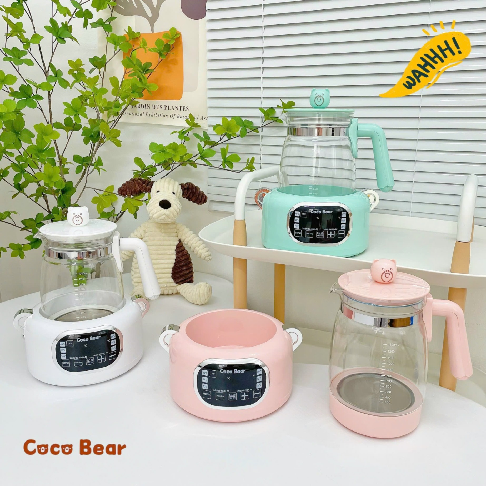 Máy đun nước pha sữa cho bé Coco Bear có remote điều khiển từ xa, giữ nhiệt đến 72 giờ, dung tích 1300ml, khử clo, tích hợp đèn led sử dụng ban đêm