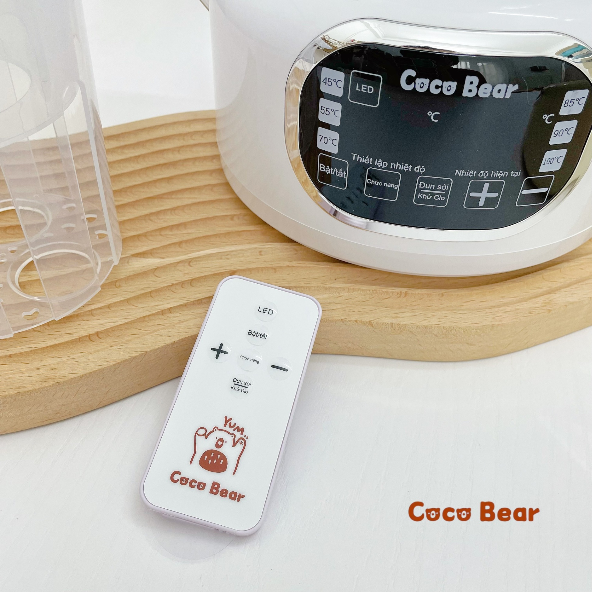 Máy đun nước pha sữa cho bé Coco Bear có remote điều khiển từ xa, giữ nhiệt đến 72 giờ, dung tích 1300ml, khử clo, tích hợp đèn led sử dụng ban đêm