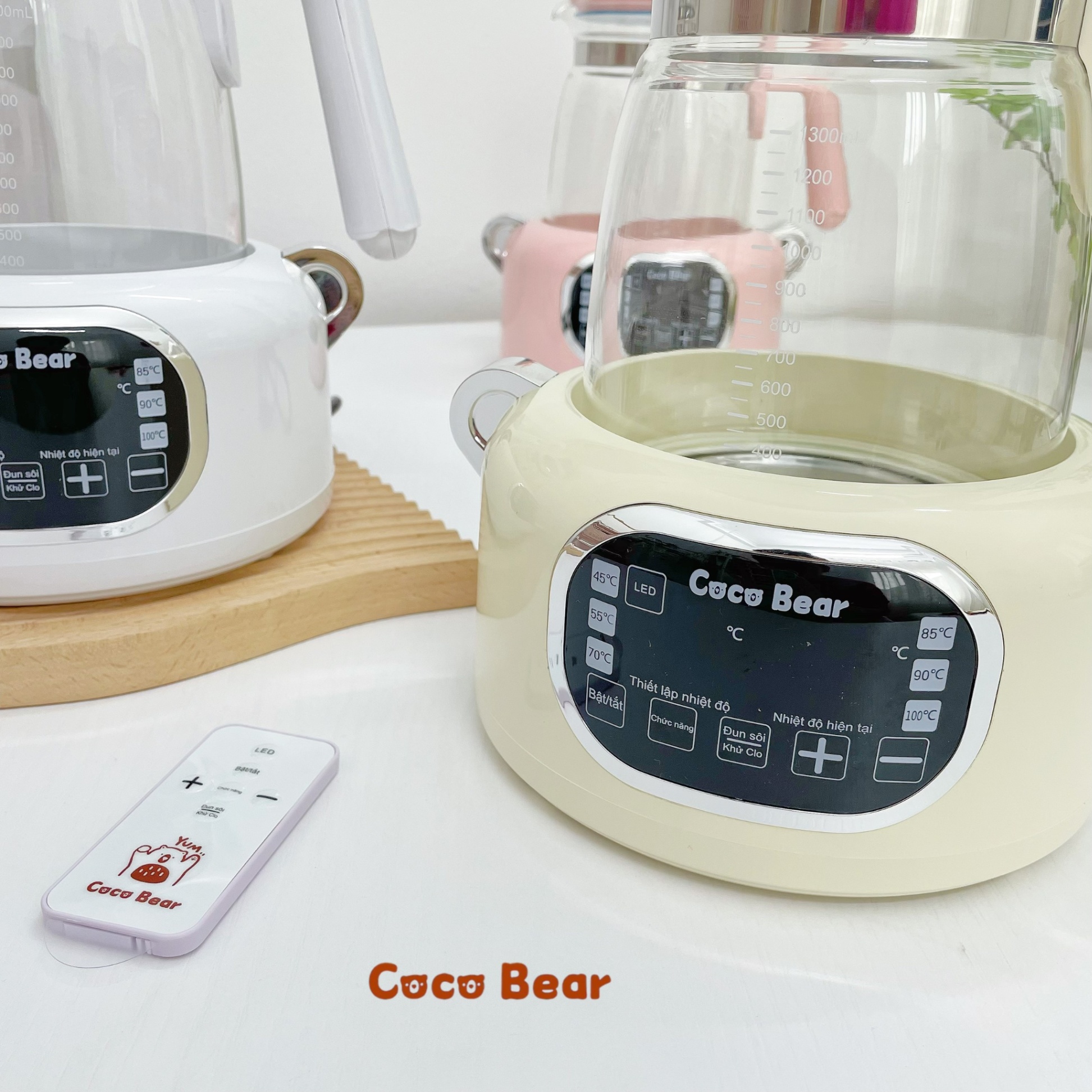 Máy đun nước pha sữa cho bé Coco Bear có remote điều khiển từ xa, giữ nhiệt đến 72 giờ, dung tích 1300ml, khử clo, tích hợp đèn led sử dụng ban đêm