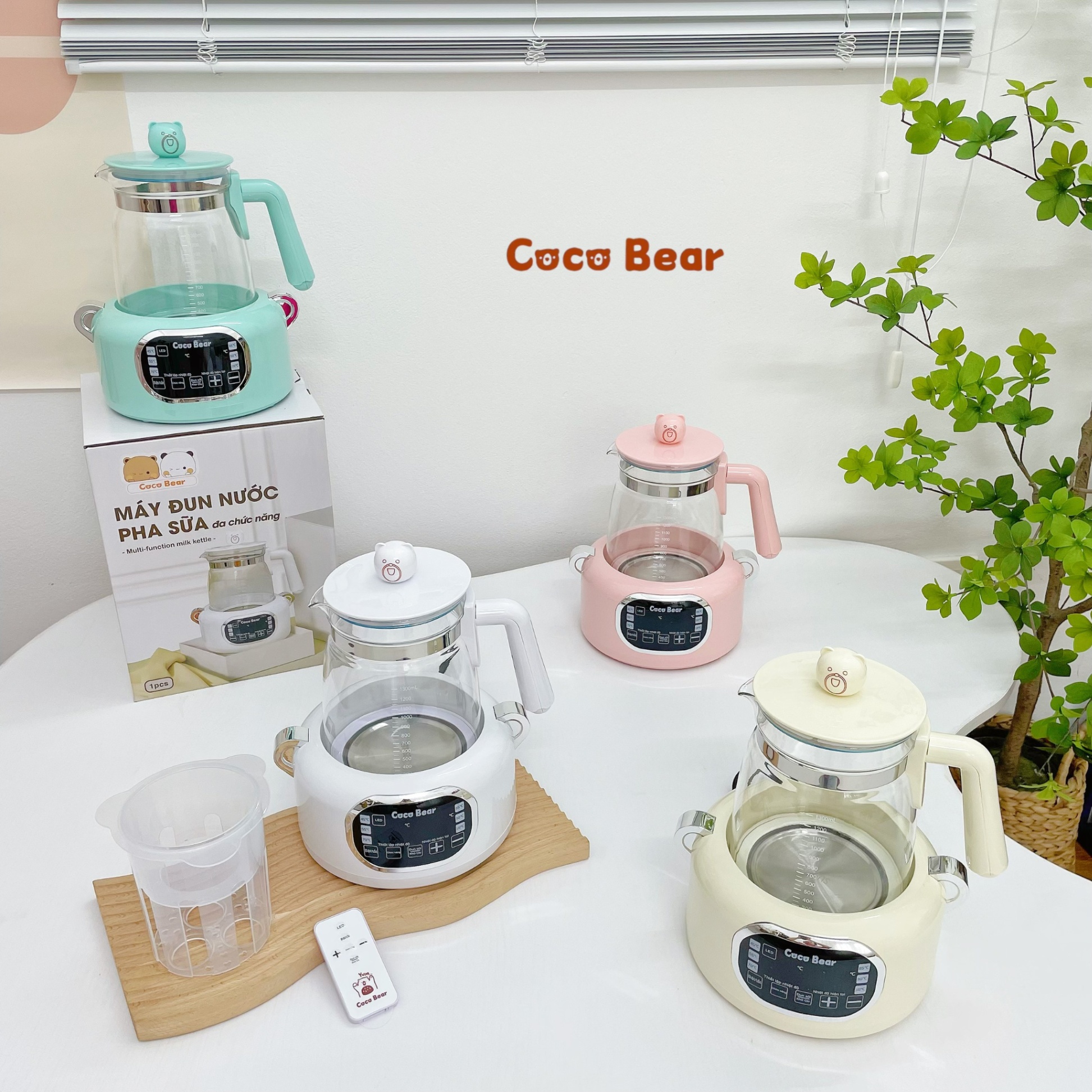 Máy đun nước pha sữa cho bé Coco Bear có remote điều khiển từ xa, giữ nhiệt đến 72 giờ, dung tích 1300ml, khử clo, tích hợp đèn led sử dụng ban đêm