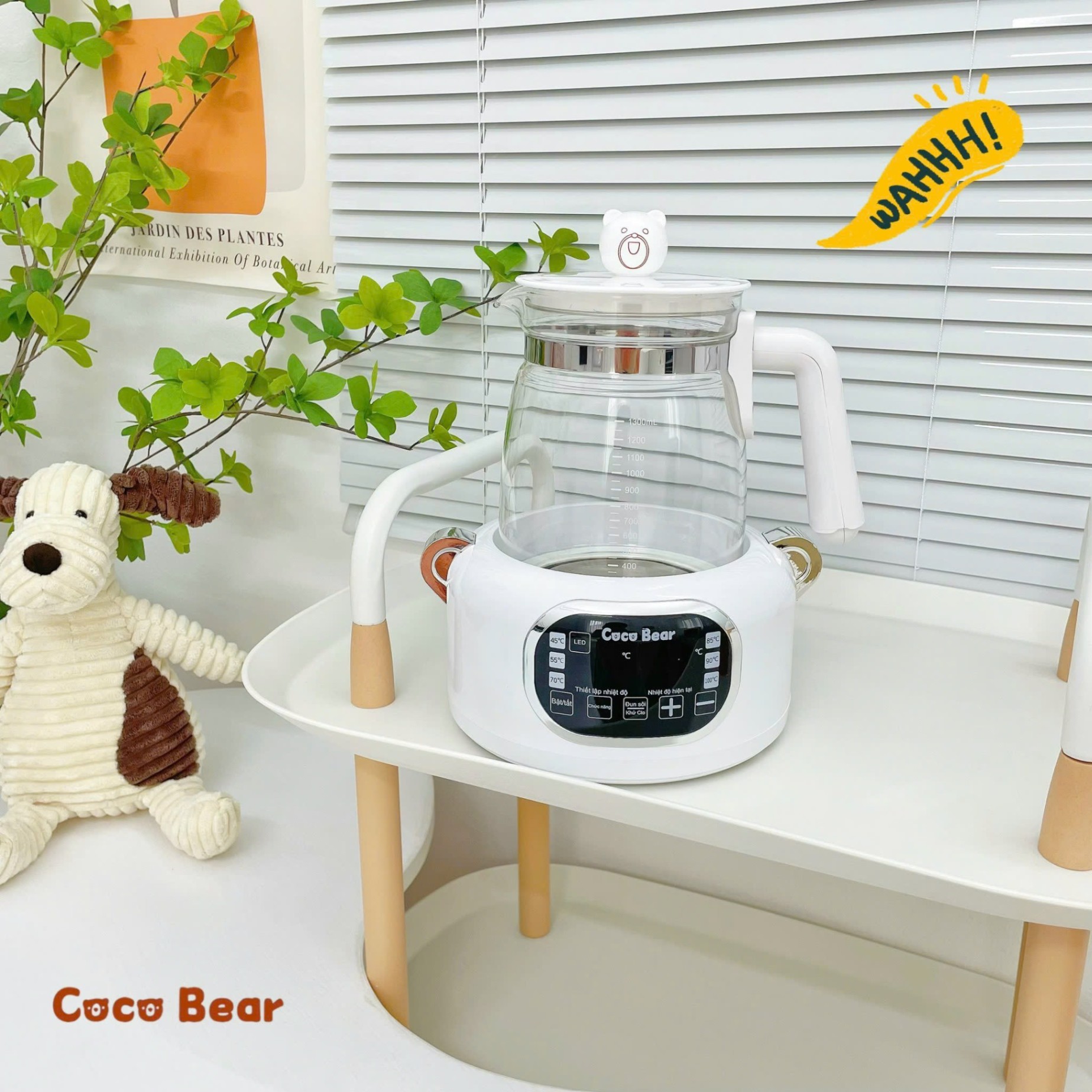 Máy đun nước pha sữa cho bé Coco Bear có remote điều khiển từ xa, giữ nhiệt đến 72 giờ, dung tích 1300ml, khử clo, tích hợp đèn led sử dụng ban đêm