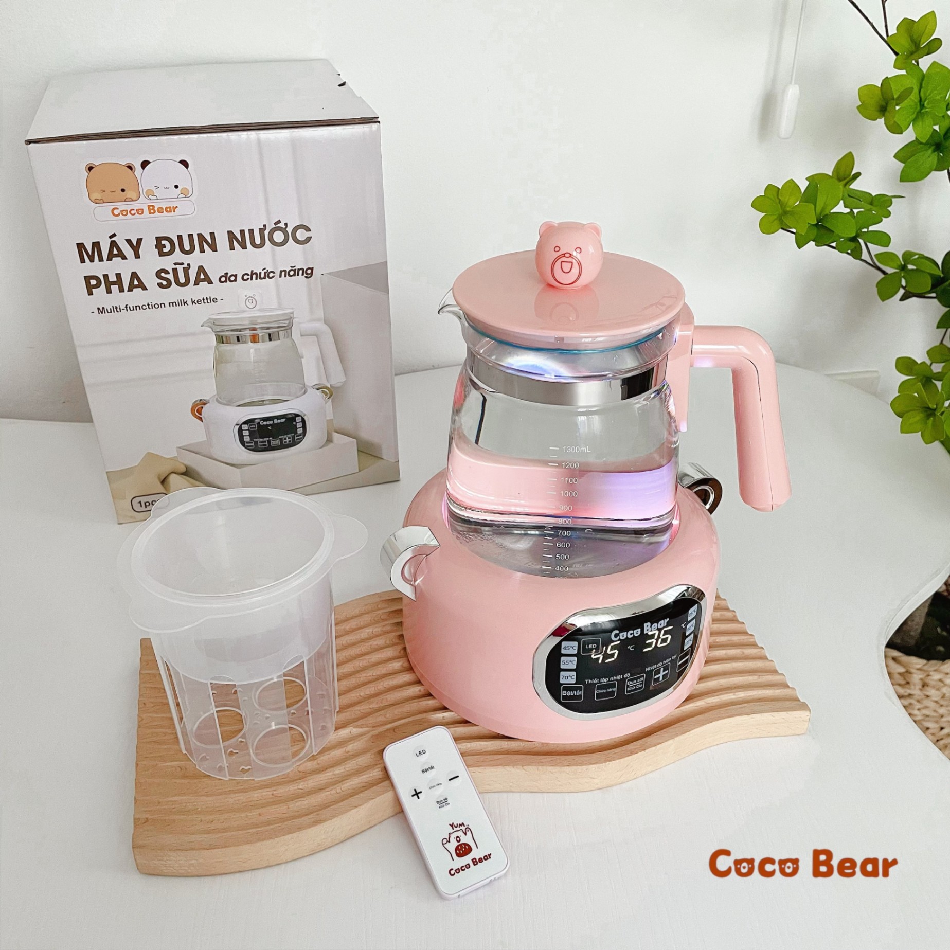 Máy đun nước pha sữa cho bé Coco Bear có remote điều khiển từ xa, giữ nhiệt đến 72 giờ, dung tích 1300ml, khử clo, tích hợp đèn led sử dụng ban đêm