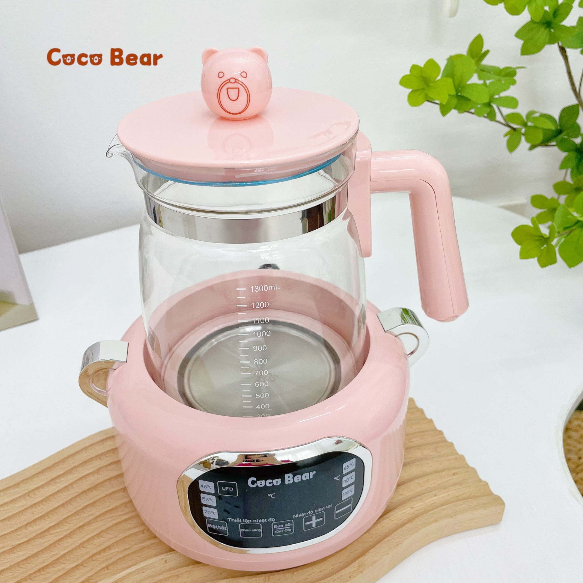 Máy đun nước pha sữa cho bé Coco Bear có remote điều khiển từ xa, giữ nhiệt đến 72 giờ, dung tích 1300ml, khử clo, tích hợp đèn led sử dụng ban đêm