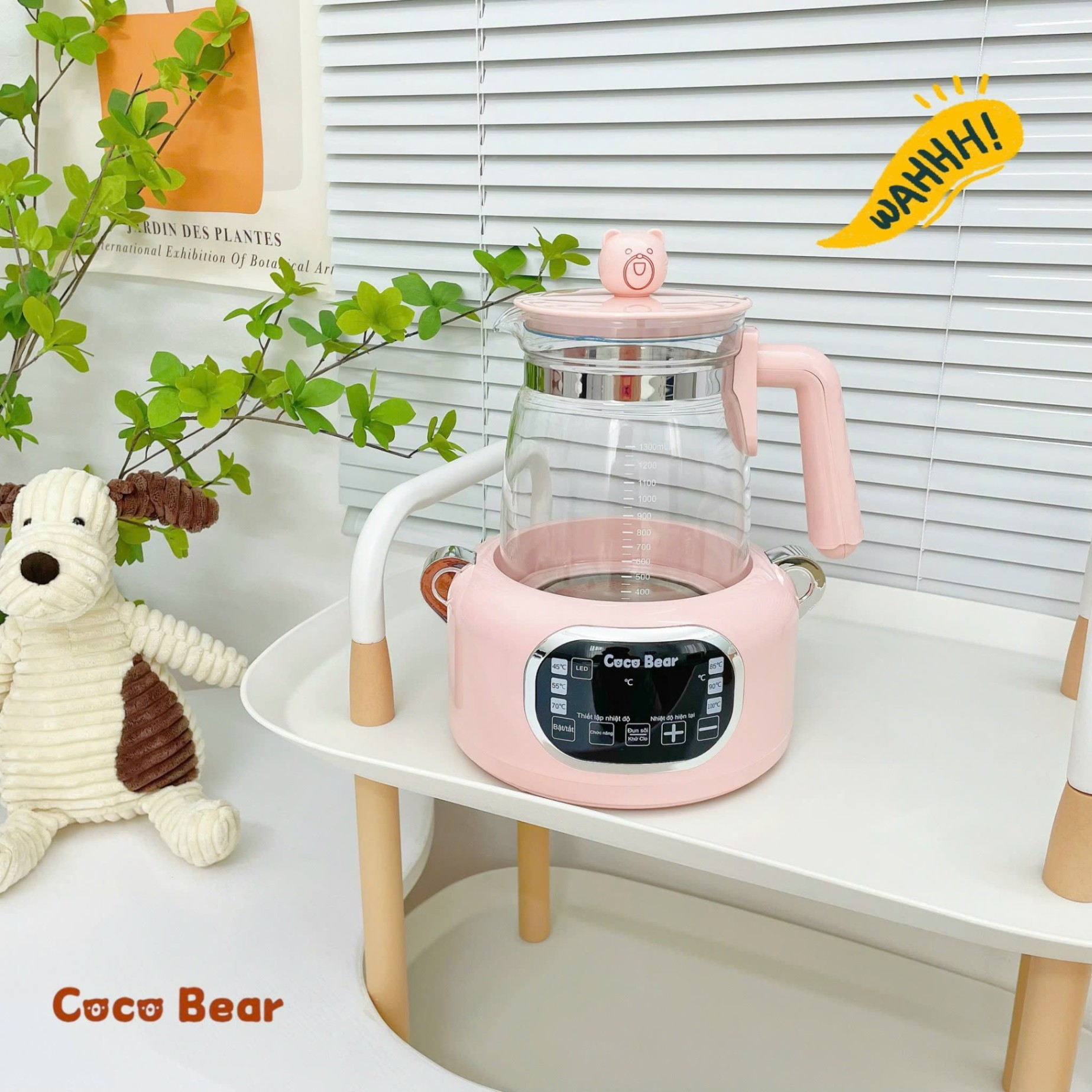 Máy đun nước pha sữa cho bé Coco Bear có remote điều khiển từ xa, giữ nhiệt đến 72 giờ, dung tích 1300ml, khử clo, tích hợp đèn led sử dụng ban đêm