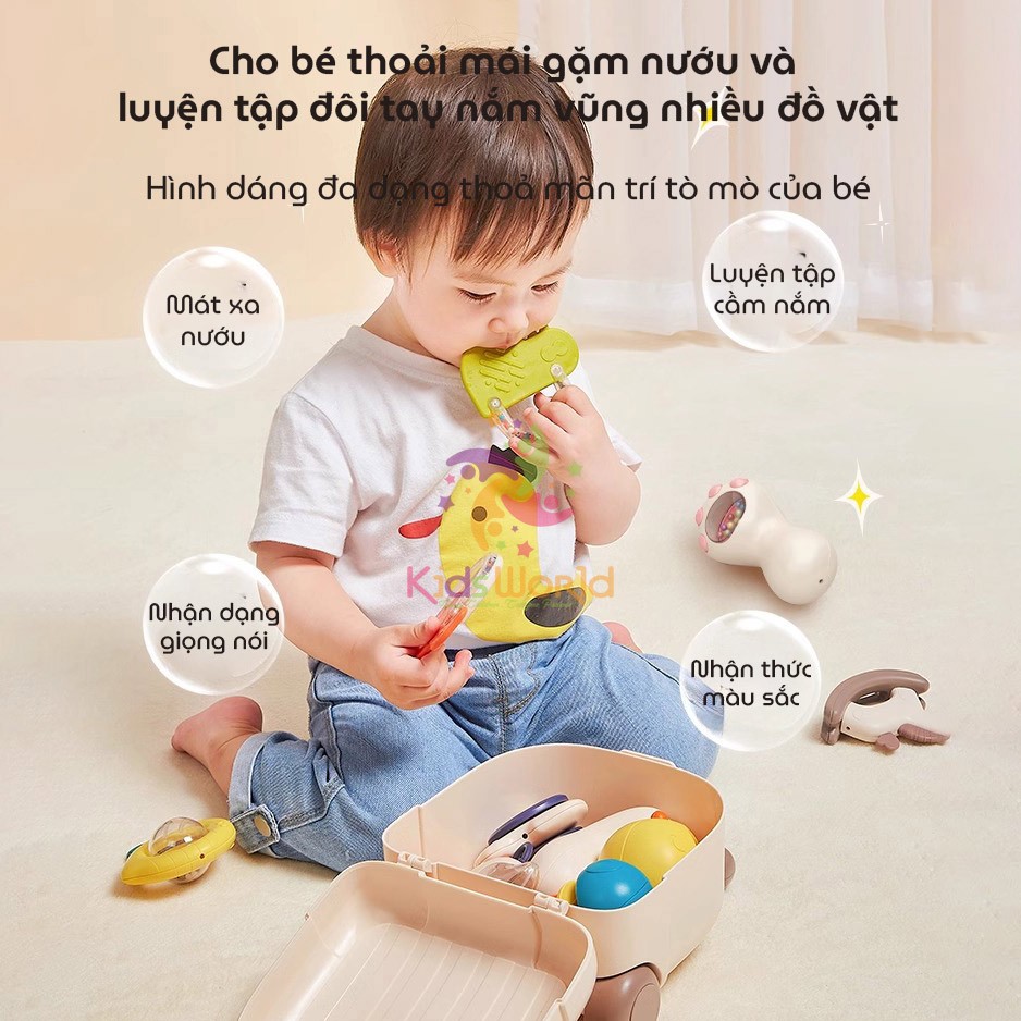 Bộ đồ chơi xúc xắc gặm nướu cho bé 10 chi tiết BABY hộp đựng vali kéo dễ thương cao cấp, có thể tiệt trùng