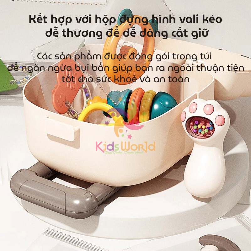 Bộ đồ chơi xúc xắc gặm nướu cho bé 10 chi tiết BABY hộp đựng vali kéo dễ thương cao cấp, có thể tiệt trùng