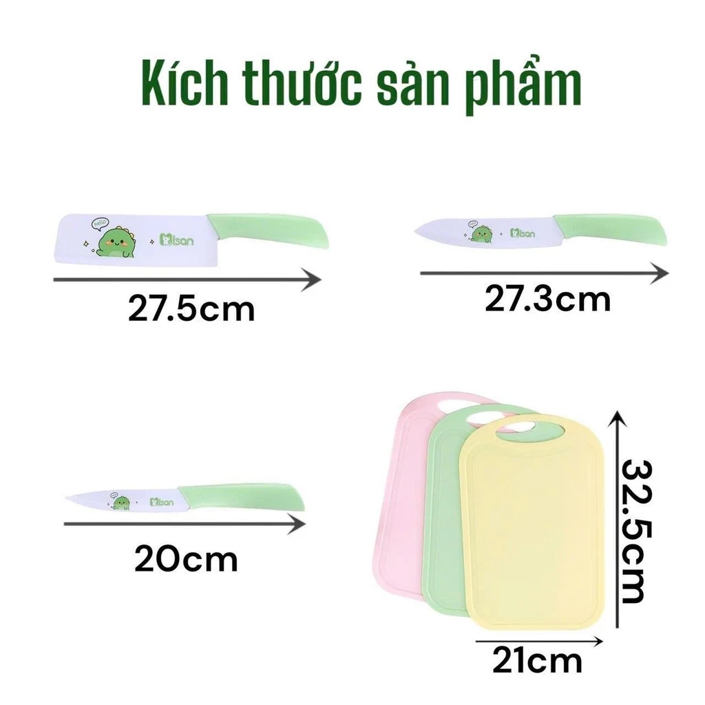 Bộ dao kéo thớt chế biến đồ ăn dặm cho bé Misan 7 chi tiết cao cấp họa tiết đáng yêu chống rỉ