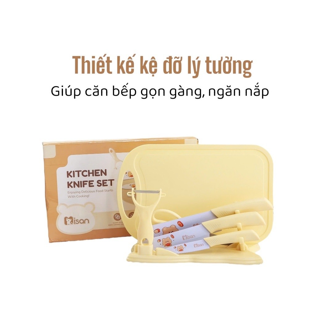 Bộ dao kéo thớt chế biến đồ ăn dặm cho bé Misan 7 chi tiết cao cấp họa tiết đáng yêu chống rỉ