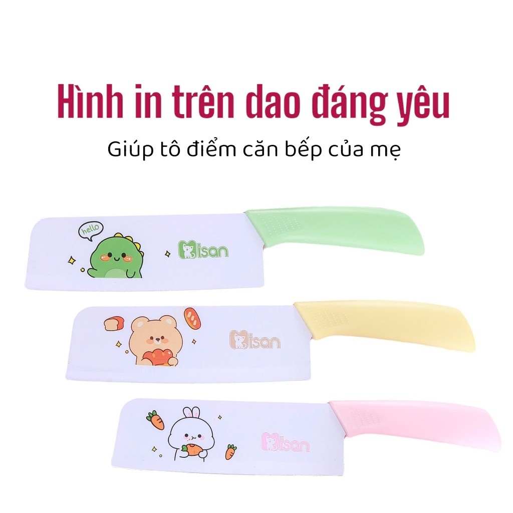 Bộ dao kéo thớt chế biến đồ ăn dặm cho bé Misan 7 chi tiết cao cấp họa tiết đáng yêu chống rỉ