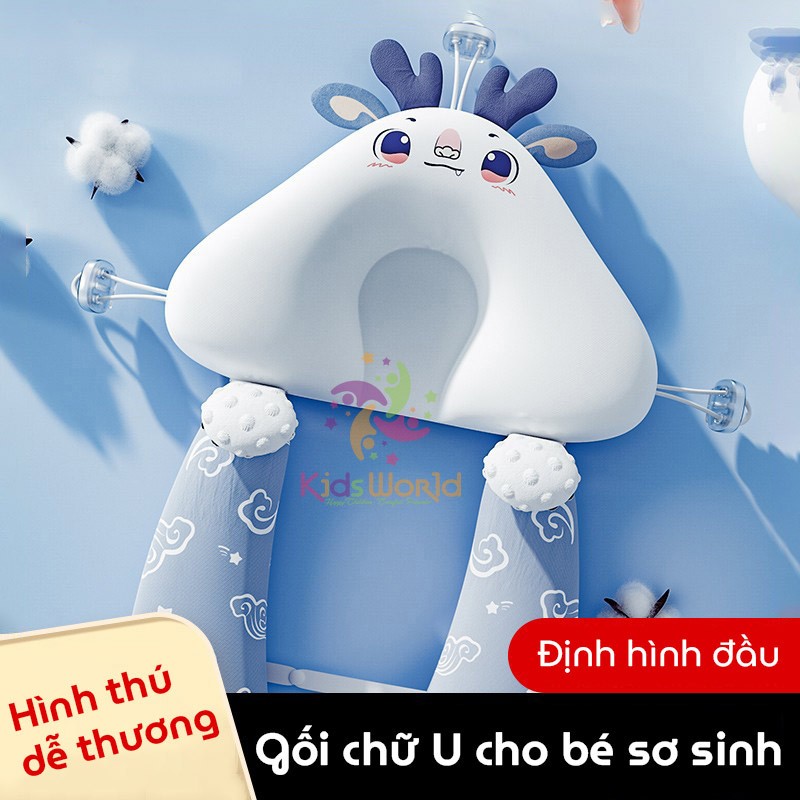 Gối chữ U cho bé sơ sinh hình thú đa năng chống giật mình, chống bẹp đầu có dây rút điều chỉnh 3 đầu giúp bé ngủ ngon