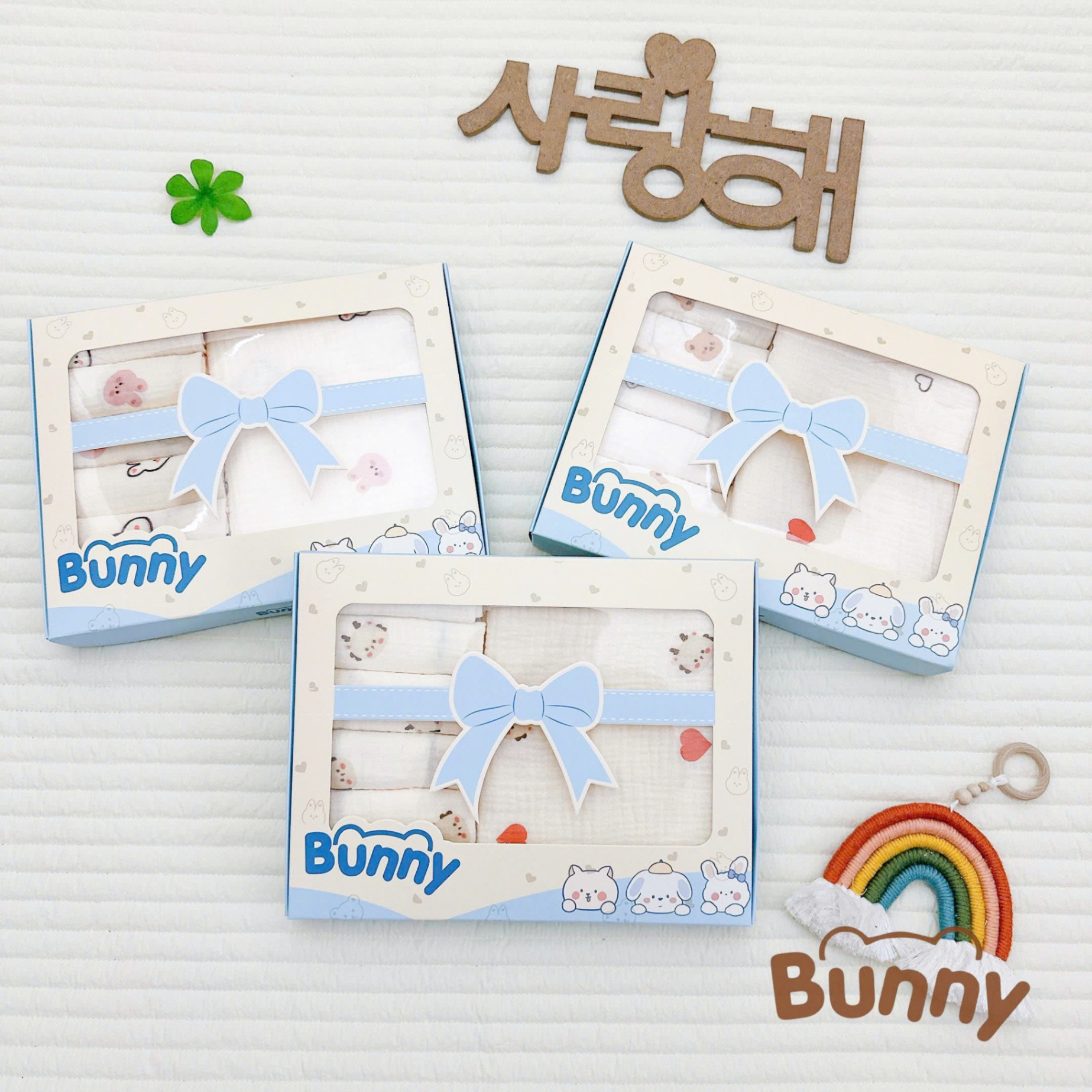 Combo khăn tắm và hộp 6 khăn sữa cho bé Bunny siêu tiện lợi chất liệu muslin cao cấp mềm mại và thoáng khí