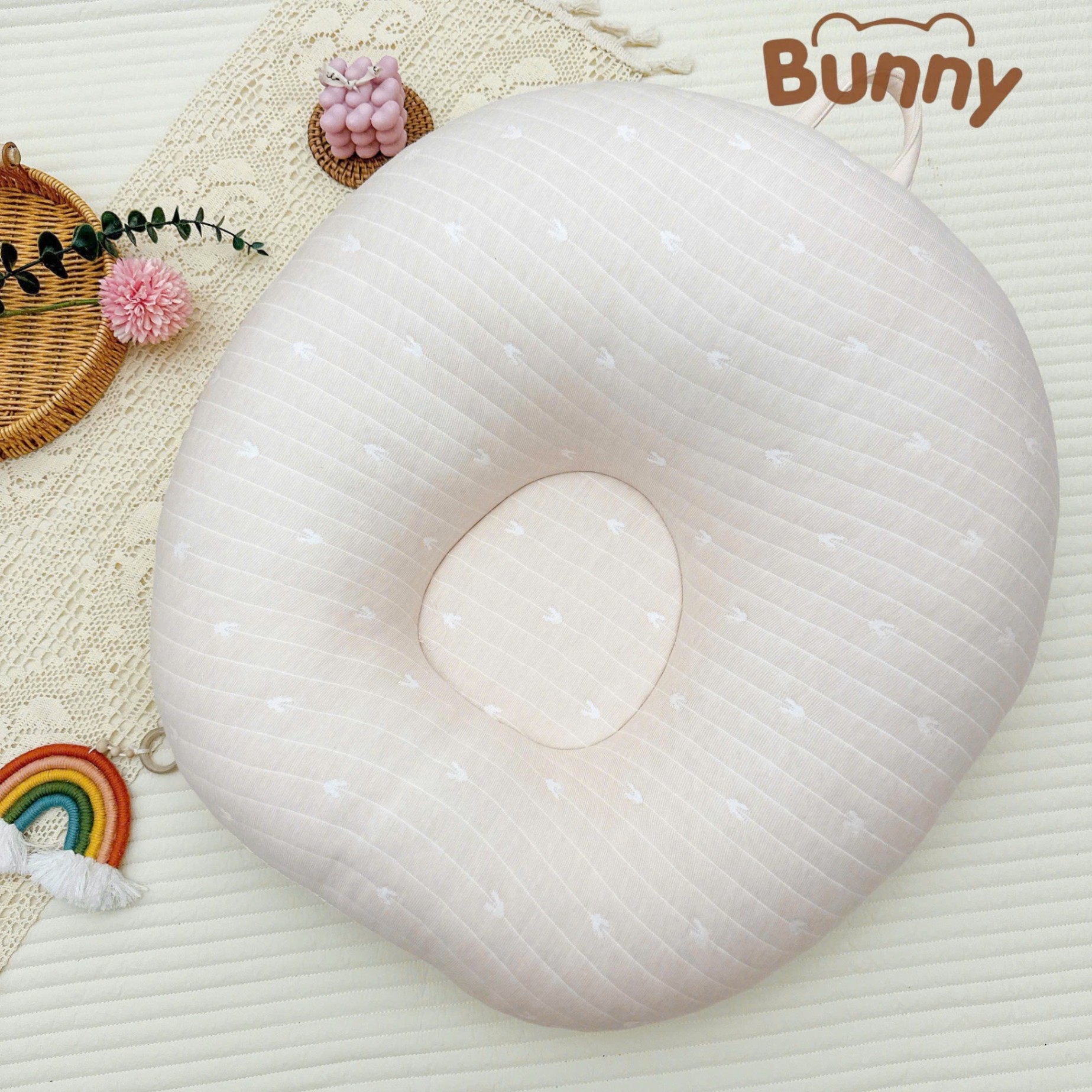 Gối chống trào ngược cho bé Bunny Cotton trần bông Air Mesh cao cấp êm ái 2 mặt thấm hút mồ hôi an toàn cho bé giảm thiểu tình trạng nôn trớ sau ăn