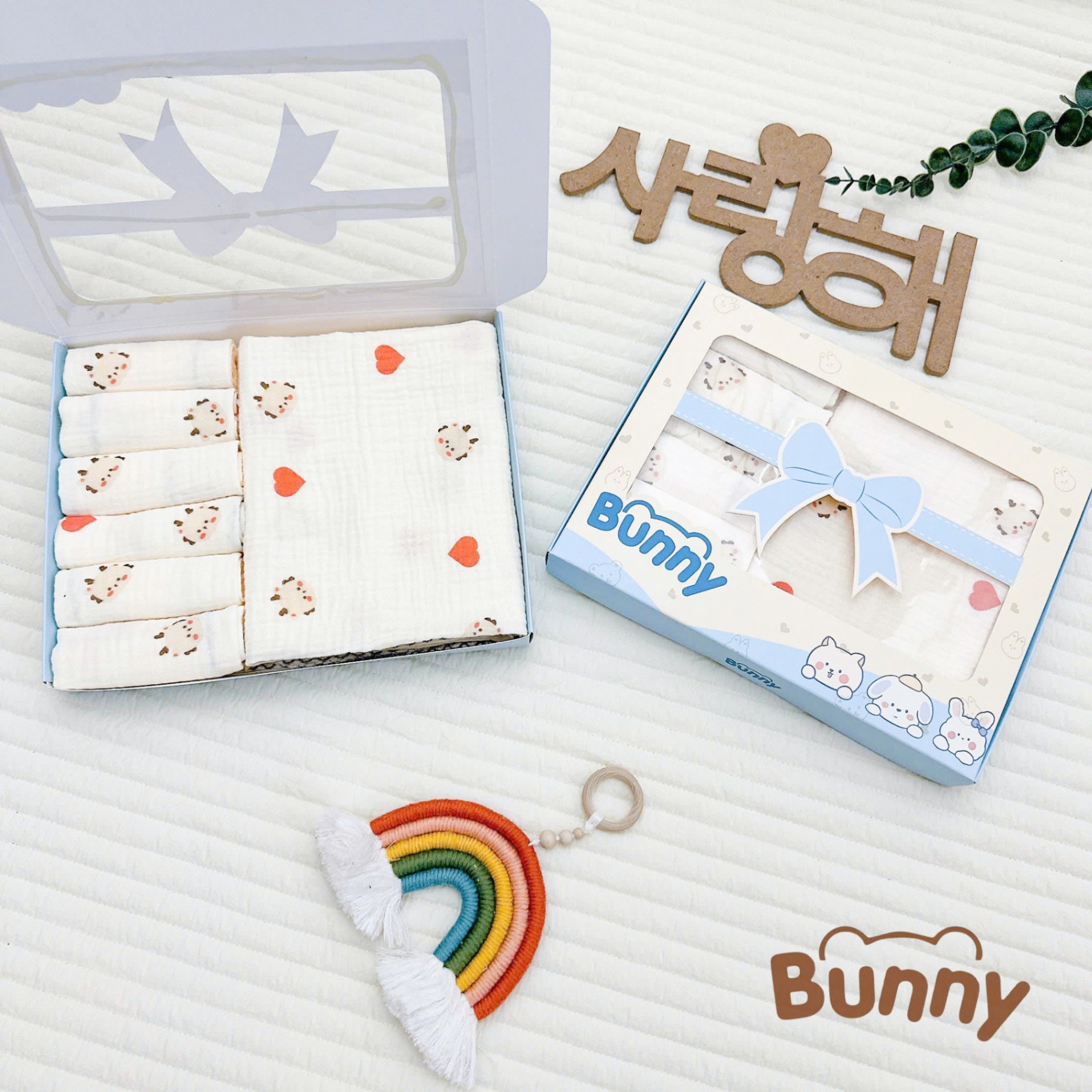 Combo khăn tắm và hộp 6 khăn sữa cho bé Bunny siêu tiện lợi chất liệu muslin cao cấp mềm mại và thoáng khí