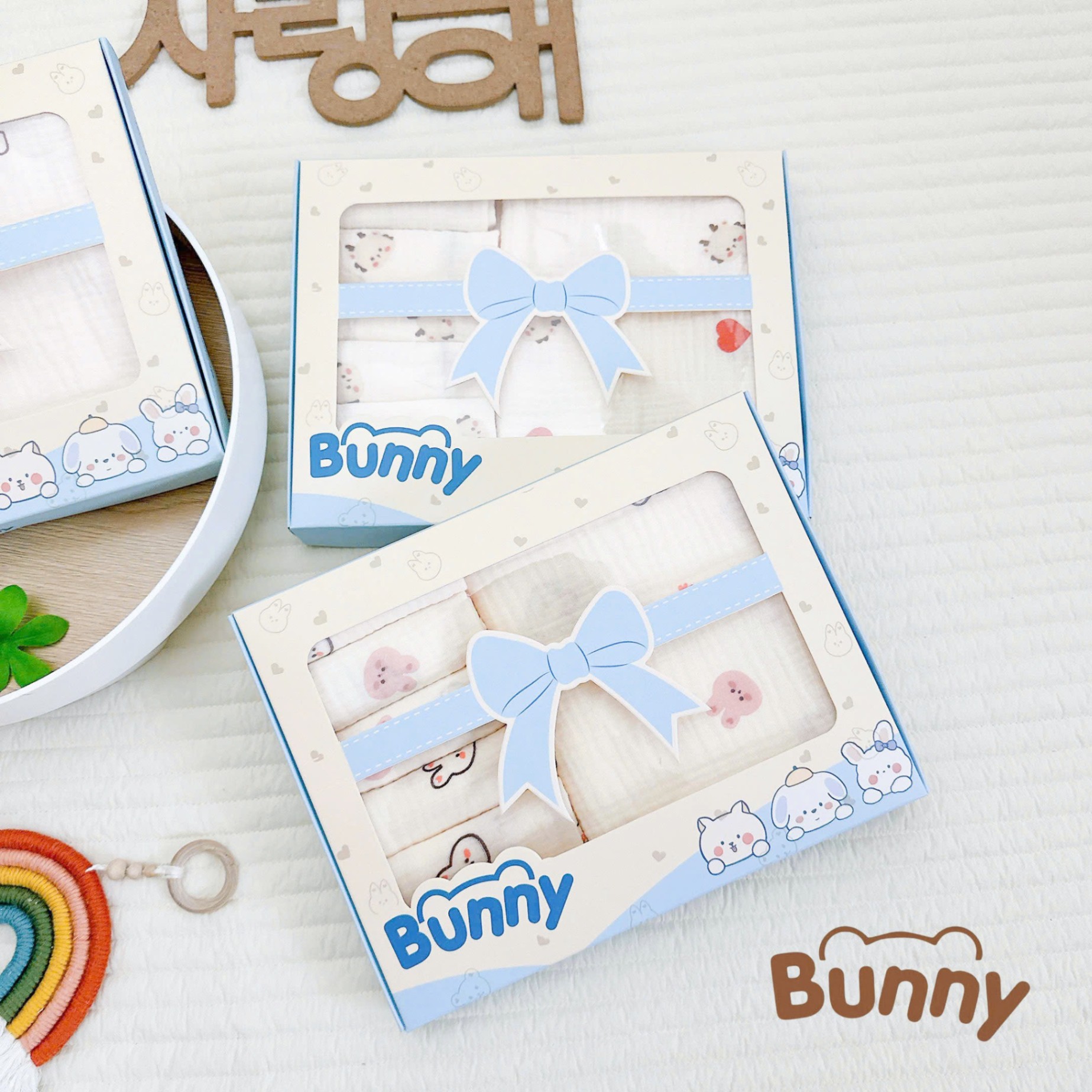 Combo khăn tắm và hộp 6 khăn sữa cho bé Bunny siêu tiện lợi chất liệu muslin cao cấp mềm mại và thoáng khí