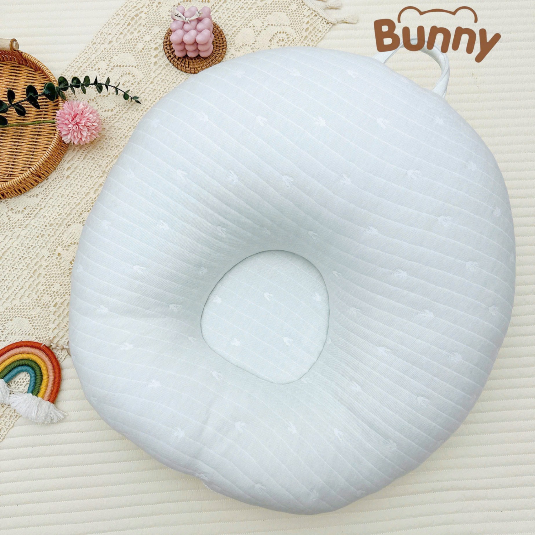 Gối chống trào ngược cho bé Bunny Cotton trần bông Air Mesh cao cấp êm ái 2 mặt thấm hút mồ hôi an toàn cho bé giảm thiểu tình trạng nôn trớ sau ăn