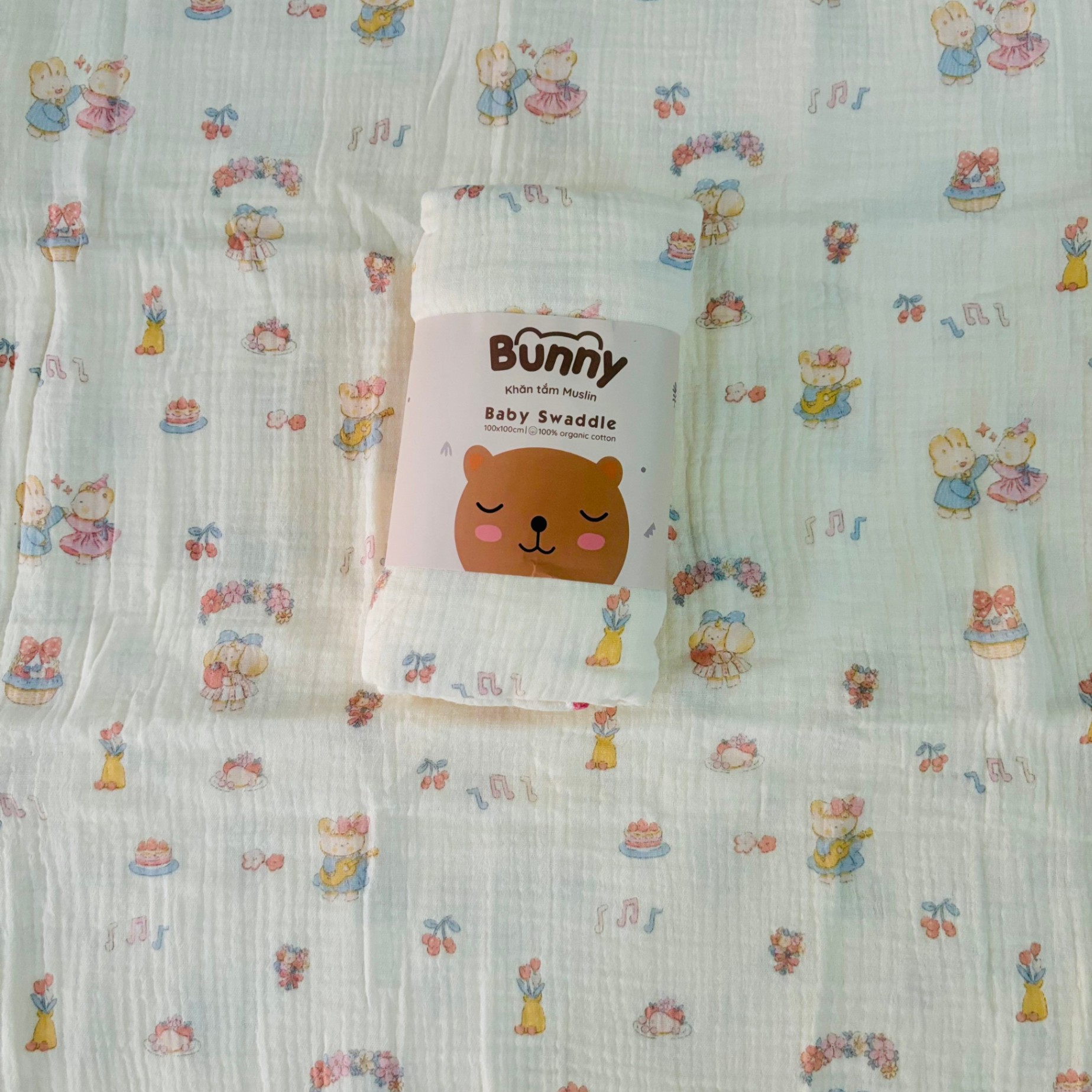 Khăn đa năng cho bé Bunny sợi tre vải xô Muslin 2 lớp làm khăn tắm, khăn quấn, chăn mỏng kích thước 1mx1m