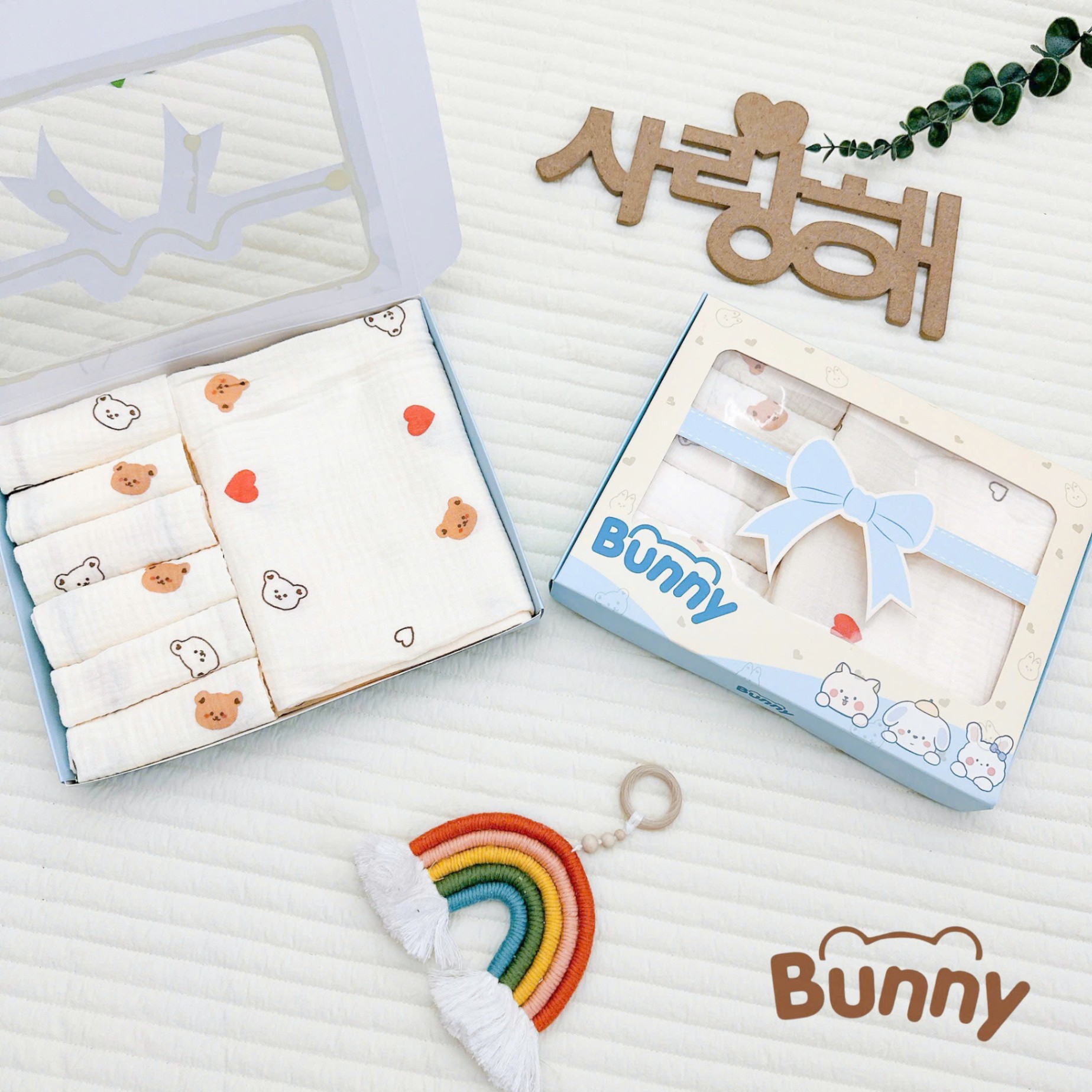 Combo khăn tắm và hộp 6 khăn sữa cho bé Bunny siêu tiện lợi chất liệu muslin cao cấp mềm mại và thoáng khí