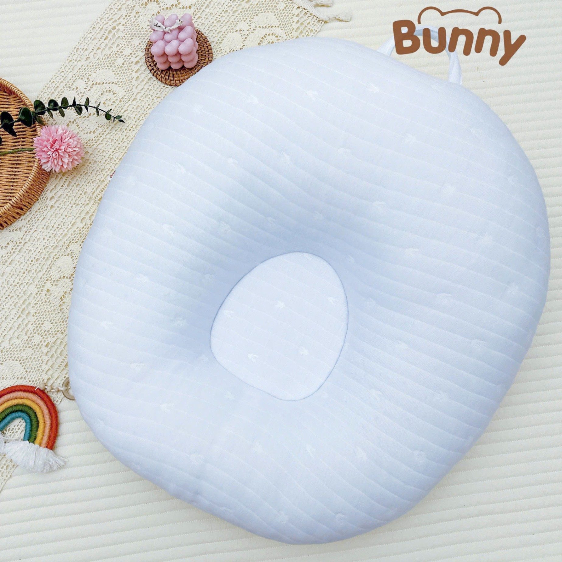 Gối chống trào ngược cho bé Bunny Cotton trần bông Air Mesh cao cấp êm ái 2 mặt thấm hút mồ hôi an toàn cho bé giảm thiểu tình trạng nôn trớ sau ăn