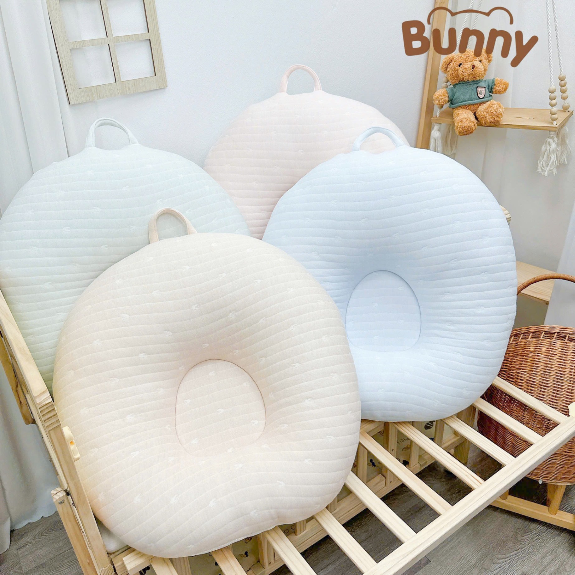 Gối chống trào ngược cho bé Bunny Cotton trần bông Air Mesh cao cấp êm ái 2 mặt thấm hút mồ hôi an toàn cho bé giảm thiểu tình trạng nôn trớ sau ăn