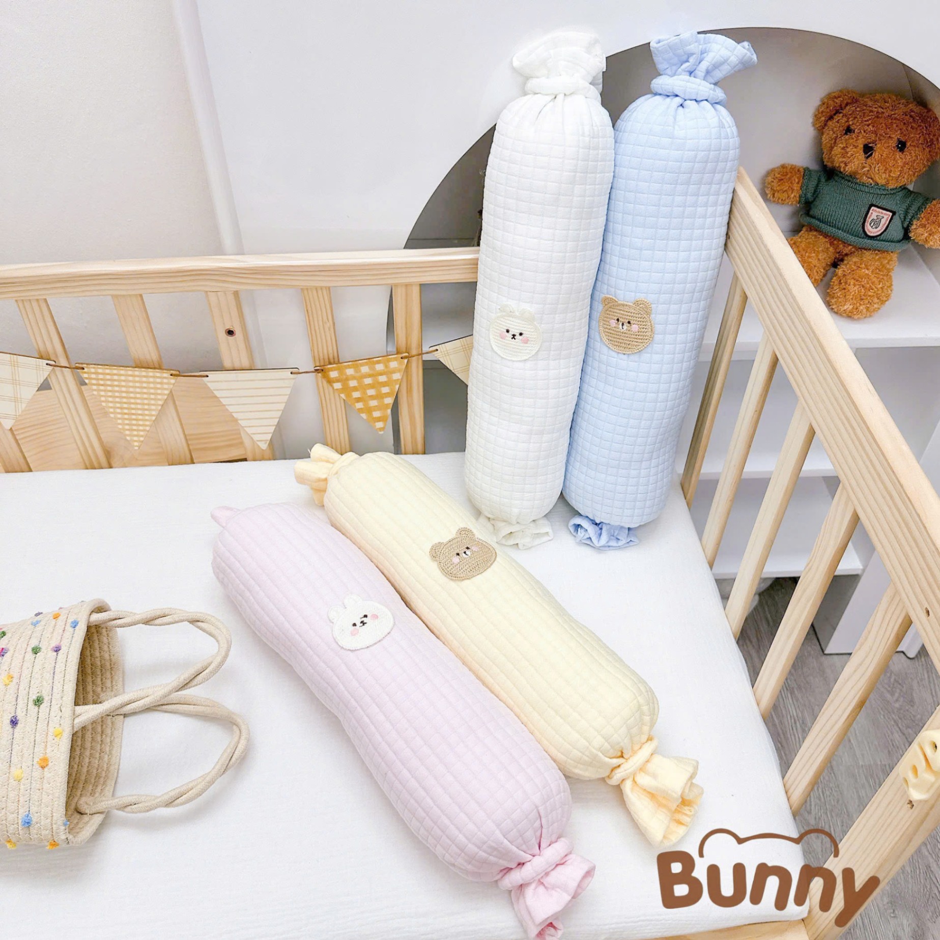 Combo sơ sinh 6 món vải cotton trần bông Bunny gồm ủ choàng, gối ngủ, gối lõm chống méo đầu, gối chặn, gối ôm kẹo ngọt, chăn đắp trần bông phong cách Hàn quốc cho bé