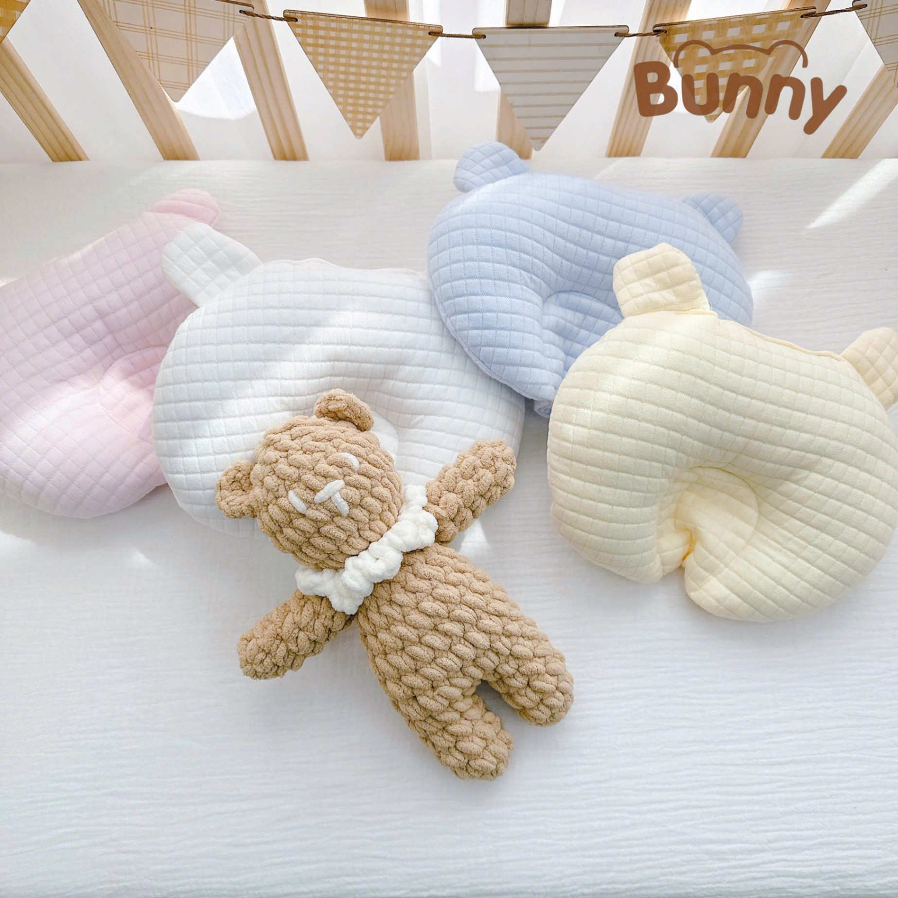 Combo sơ sinh 6 món vải cotton trần bông Bunny gồm ủ choàng, gối ngủ, gối lõm chống méo đầu, gối chặn, gối ôm kẹo ngọt, chăn đắp trần bông phong cách Hàn quốc cho bé