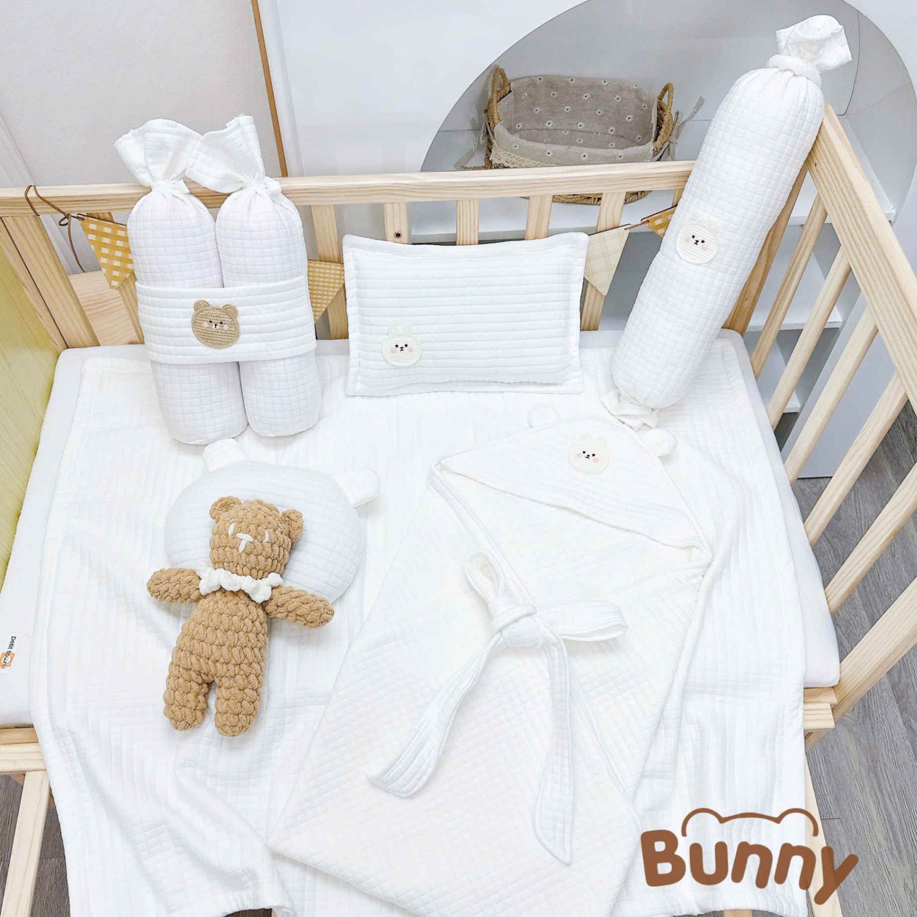 Combo sơ sinh 6 món vải cotton trần bông Bunny gồm ủ choàng, gối ngủ, gối lõm chống méo đầu, gối chặn, gối ôm kẹo ngọt, chăn đắp trần bông phong cách Hàn quốc cho bé