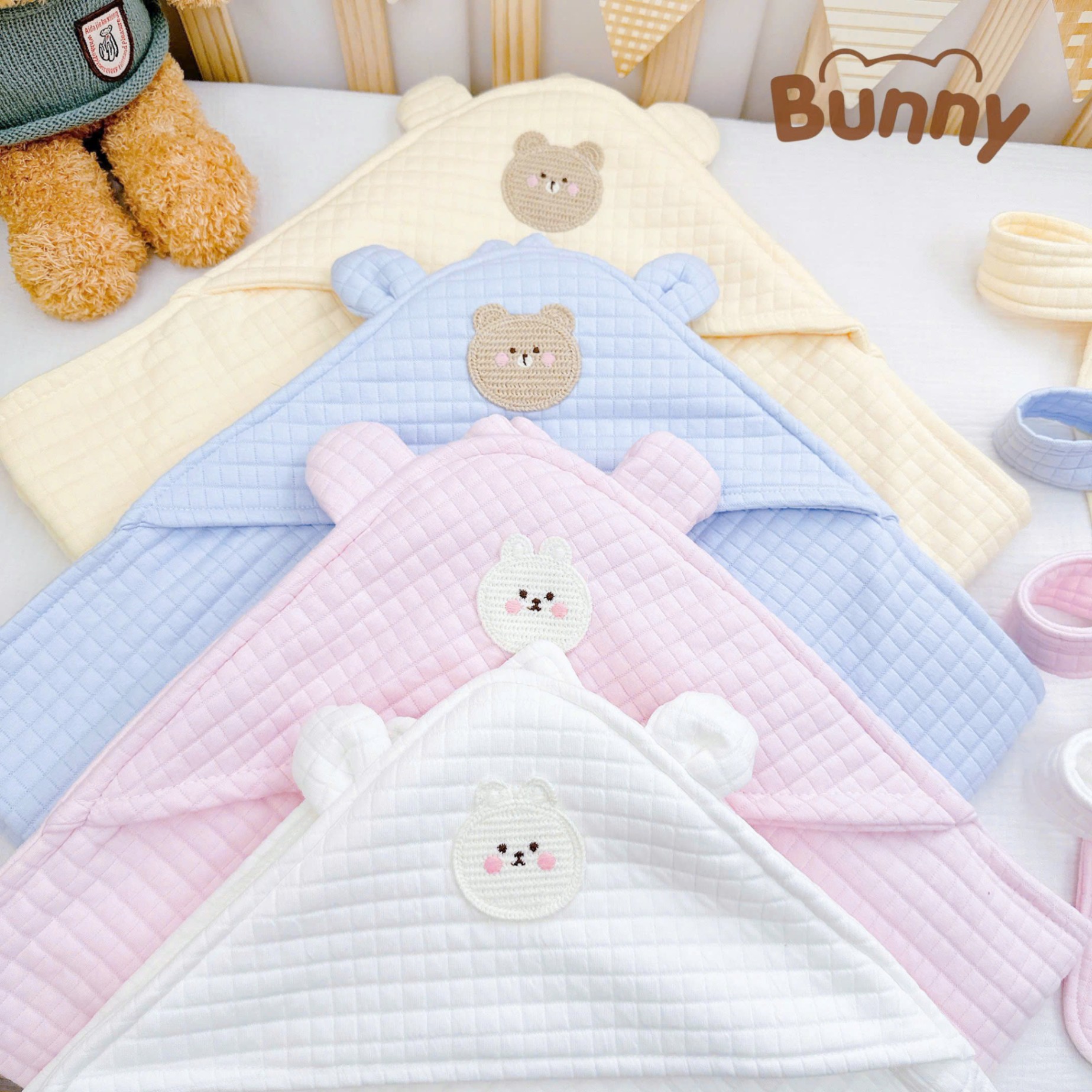 Combo sơ sinh 6 món vải cotton trần bông Bunny gồm ủ choàng, gối ngủ, gối lõm chống méo đầu, gối chặn, gối ôm kẹo ngọt, chăn đắp trần bông phong cách Hàn quốc cho bé