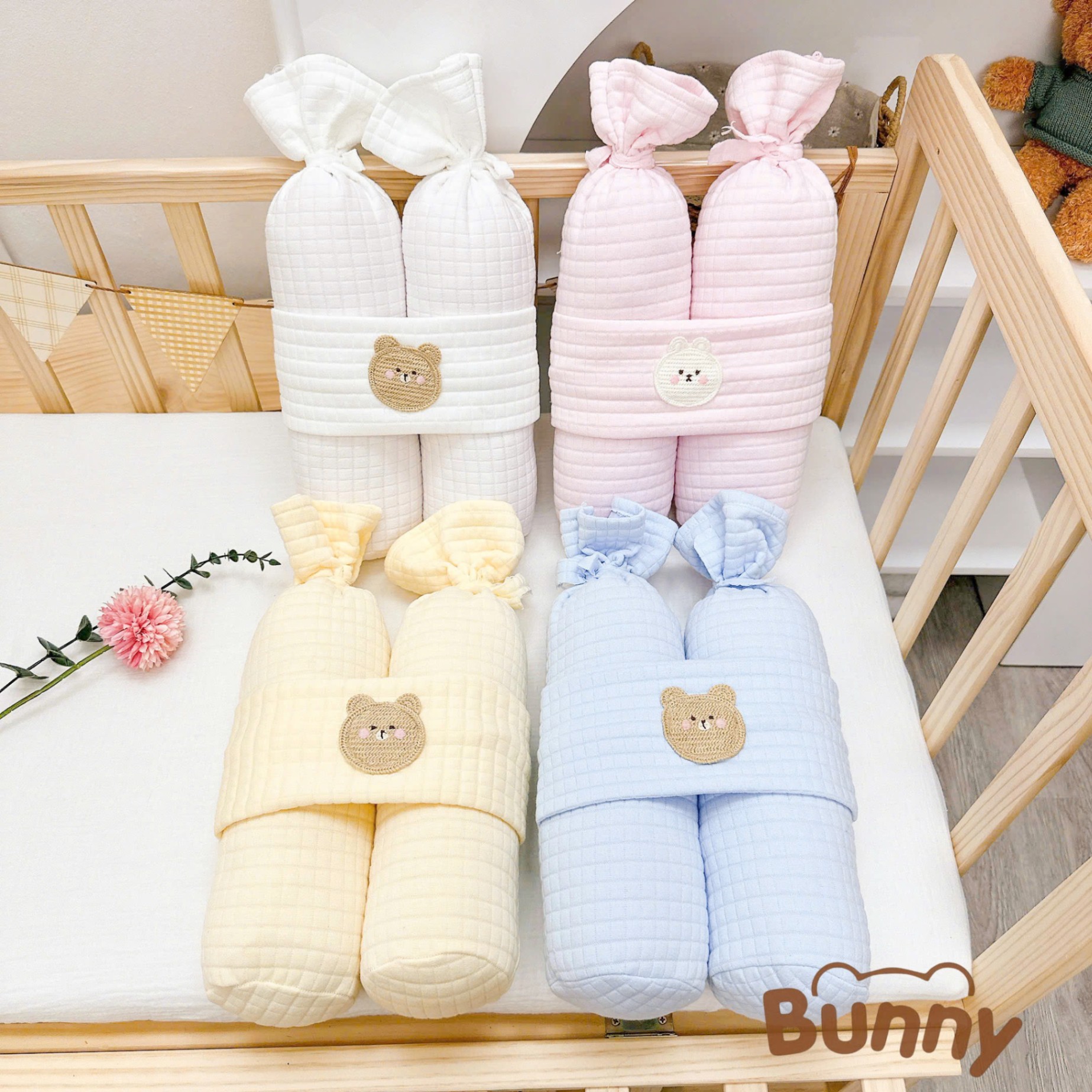 Combo sơ sinh 6 món vải cotton trần bông Bunny gồm ủ choàng, gối ngủ, gối lõm chống méo đầu, gối chặn, gối ôm kẹo ngọt, chăn đắp trần bông phong cách Hàn quốc cho bé