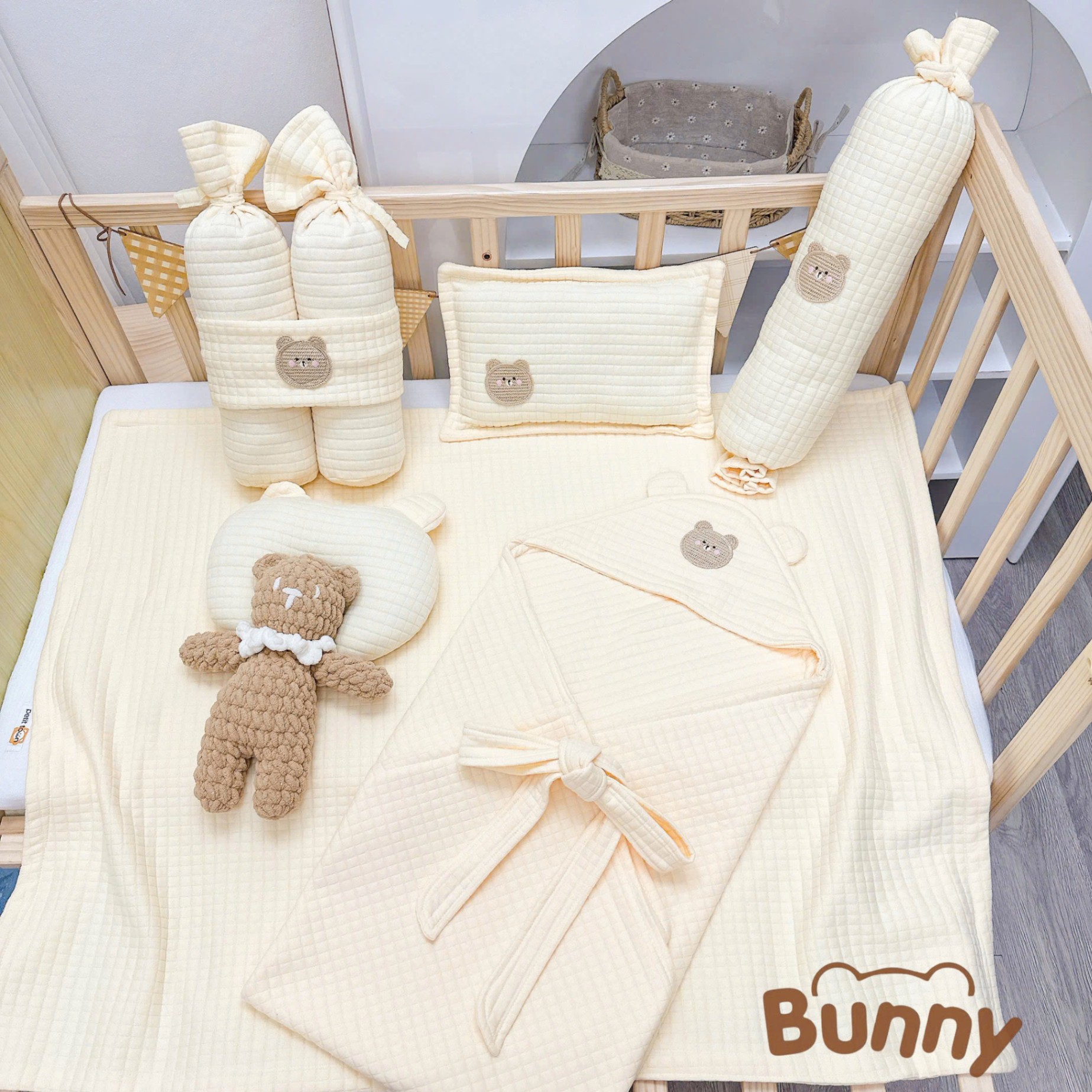 Combo sơ sinh 6 món vải cotton trần bông Bunny gồm ủ choàng, gối ngủ, gối lõm chống méo đầu, gối chặn, gối ôm kẹo ngọt, chăn đắp trần bông phong cách Hàn quốc cho bé