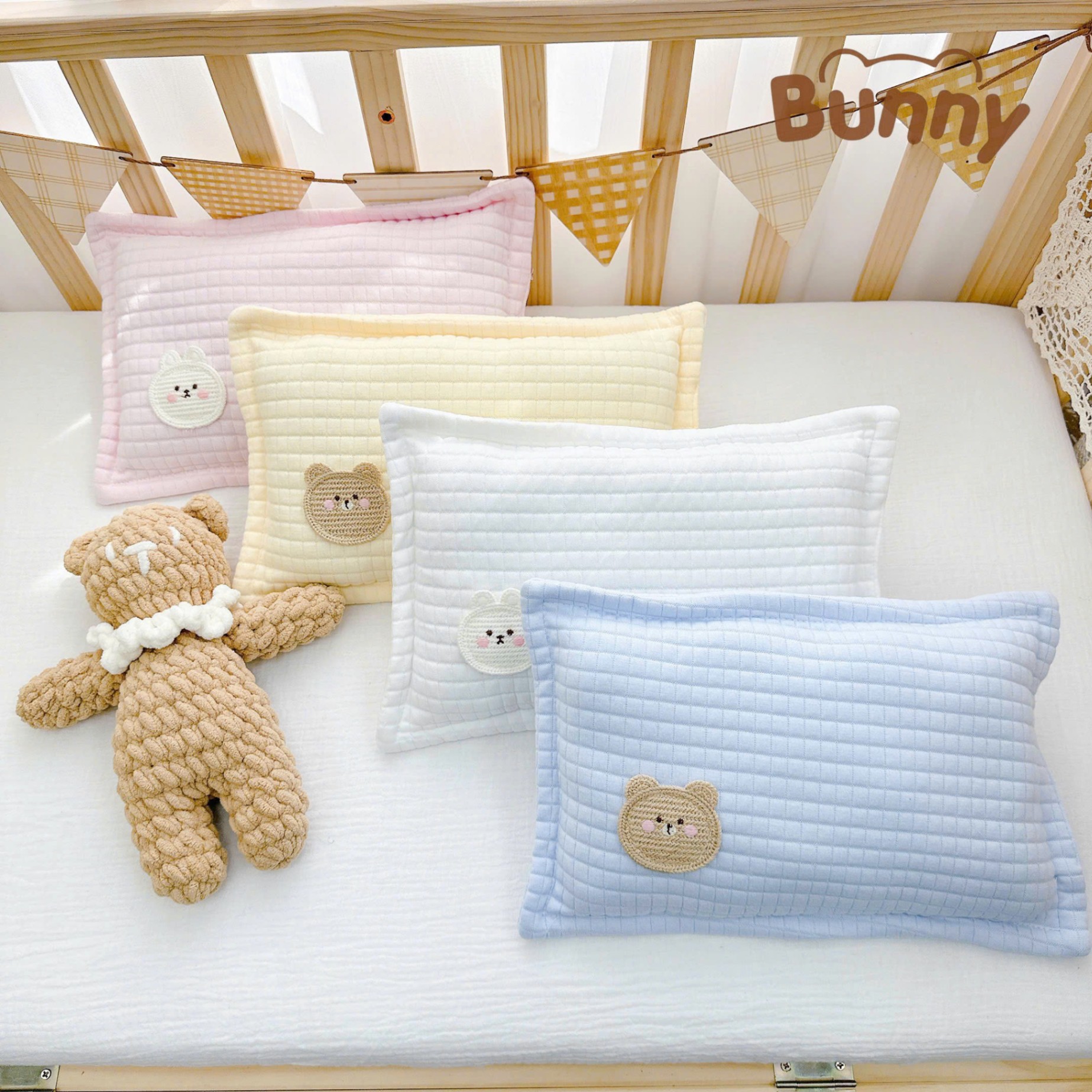 Combo sơ sinh 6 món vải cotton trần bông Bunny gồm ủ choàng, gối ngủ, gối lõm chống méo đầu, gối chặn, gối ôm kẹo ngọt, chăn đắp trần bông phong cách Hàn quốc cho bé