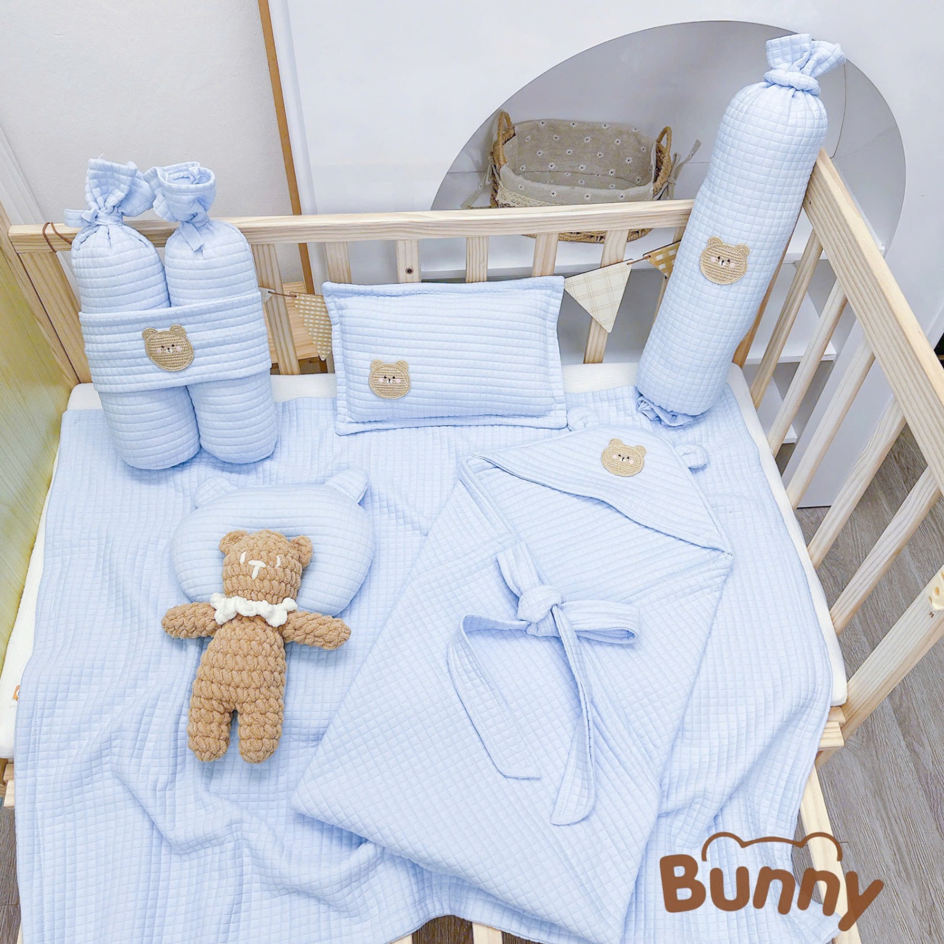 Combo sơ sinh 6 món vải cotton trần bông Bunny gồm ủ choàng, gối ngủ, gối lõm chống méo đầu, gối chặn, gối ôm kẹo ngọt, chăn đắp trần bông phong cách Hàn quốc cho bé