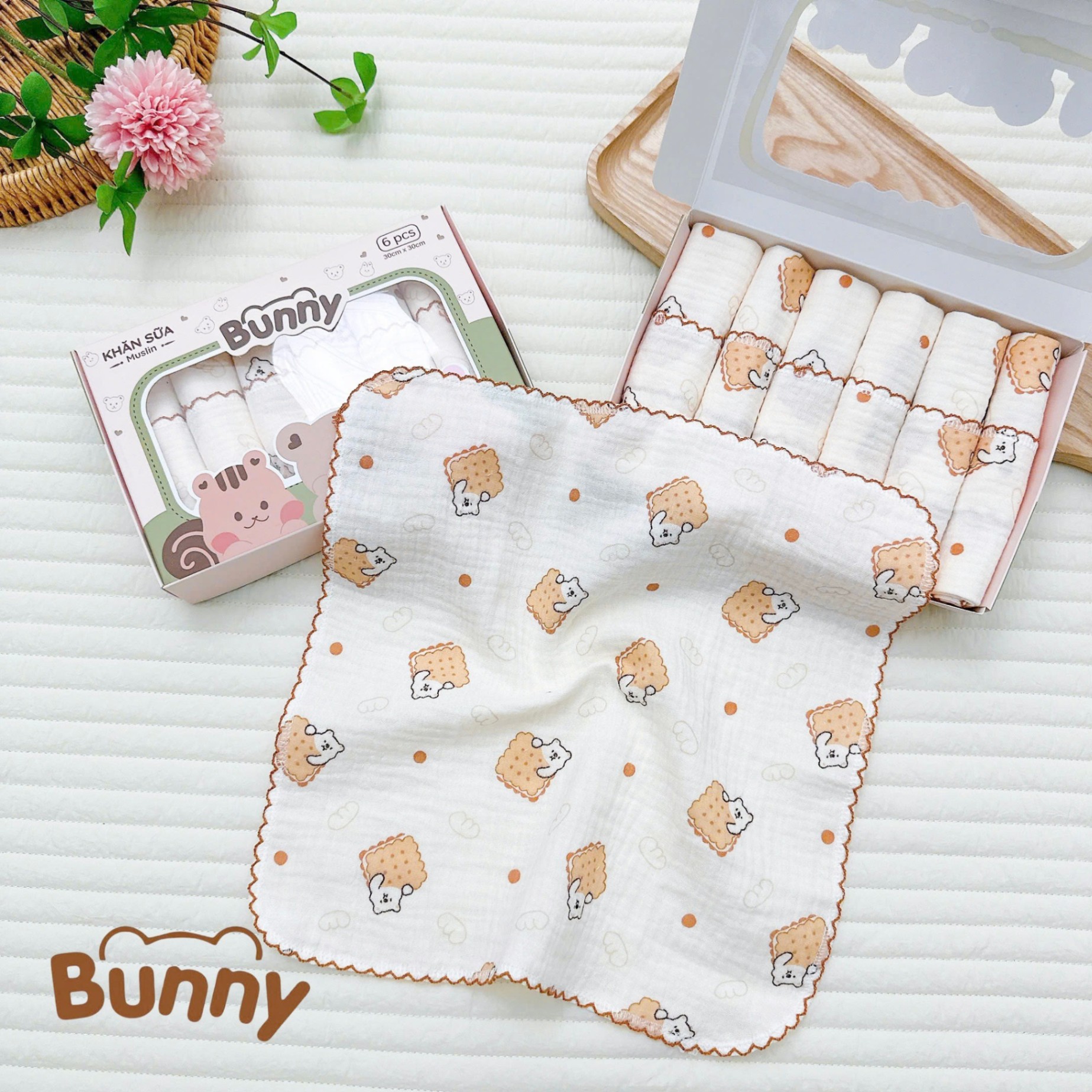 Set 6 khăn sữa vải xô Muslin Bunny 100% Organic 2 lớp dày dặn, thấm hút, kháng khuẩn siêu mềm mịn cho bé sơ sinh