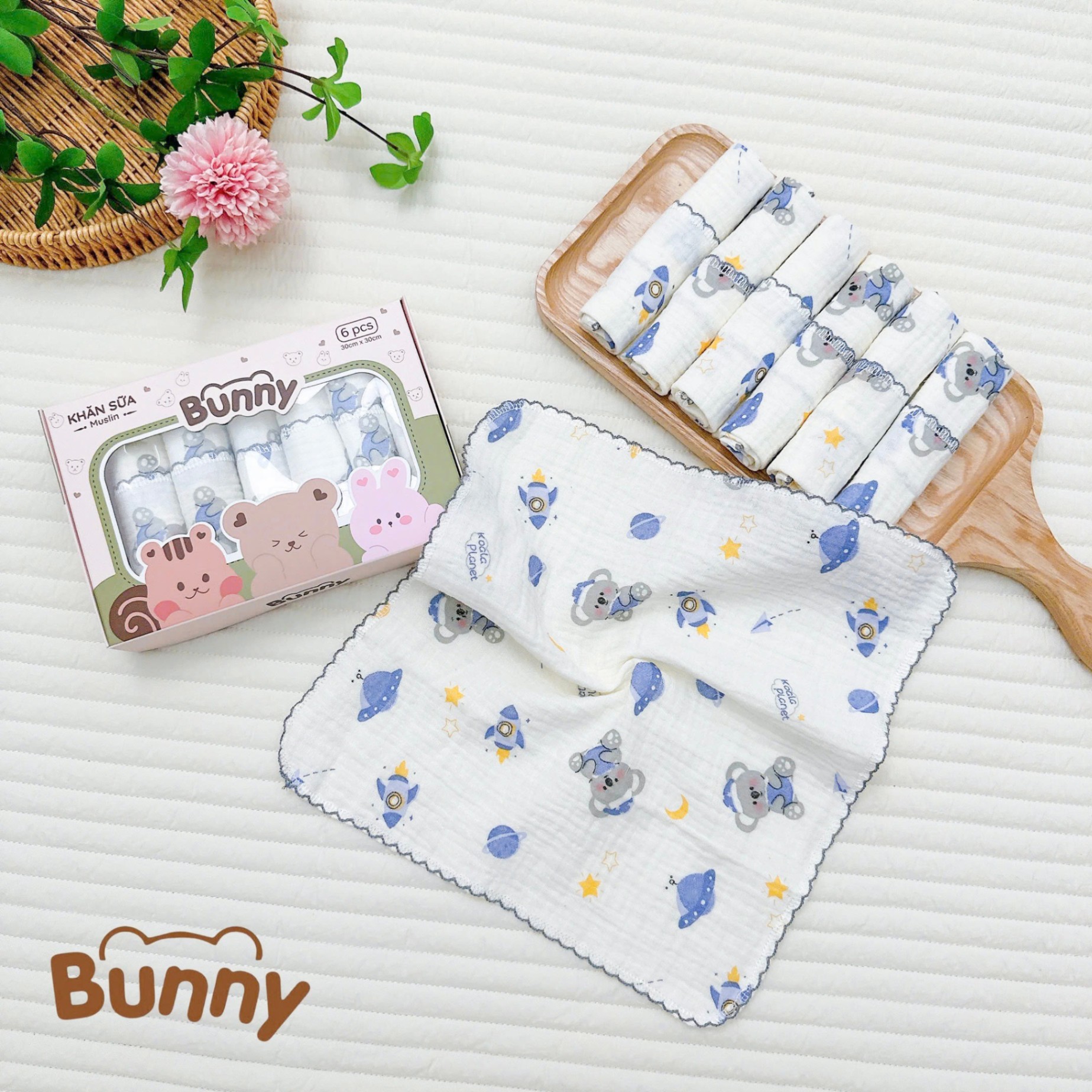 Set 6 khăn sữa vải xô Muslin Bunny 100% Organic 2 lớp dày dặn, thấm hút, kháng khuẩn siêu mềm mịn cho bé sơ sinh