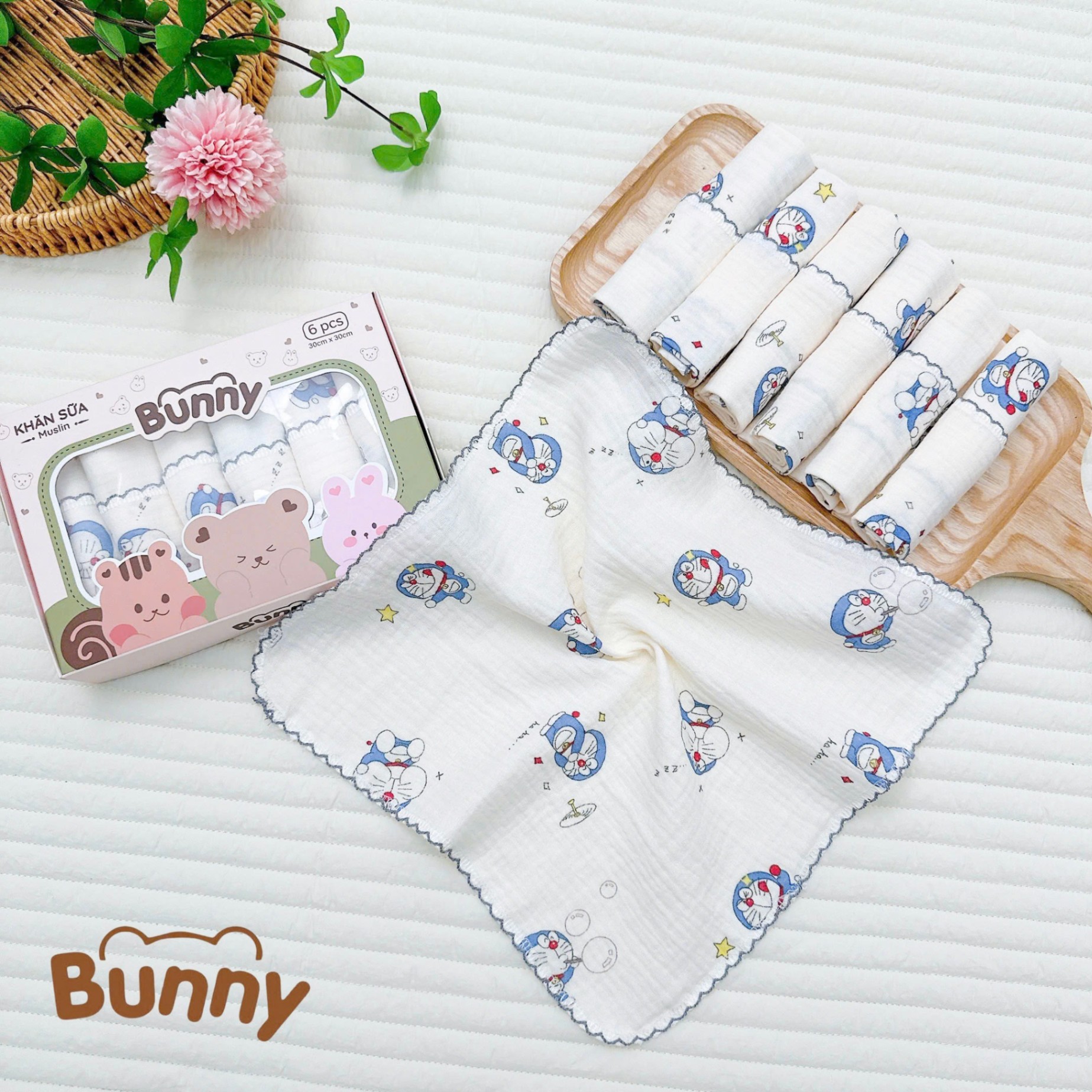 Set 6 khăn sữa vải xô Muslin Bunny 100% Organic 2 lớp dày dặn, thấm hút, kháng khuẩn siêu mềm mịn cho bé sơ sinh