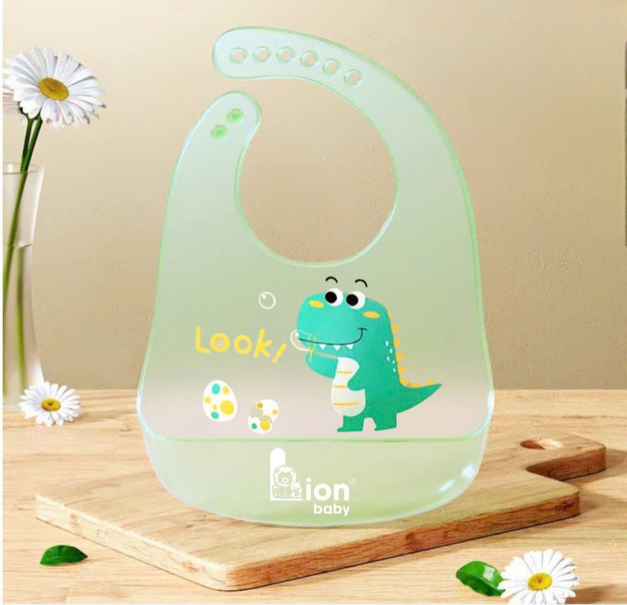 Yếm ăn dặm cho bé silicon 3D trong suốt Lion baby có máng hứng siêu nhẹ chống thấm nước tiện lợi